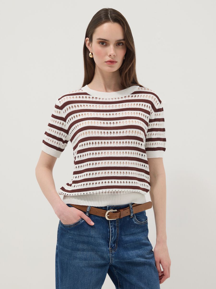 White and brown striped open-knit viscose-blend T-shirt, regular fit_1
