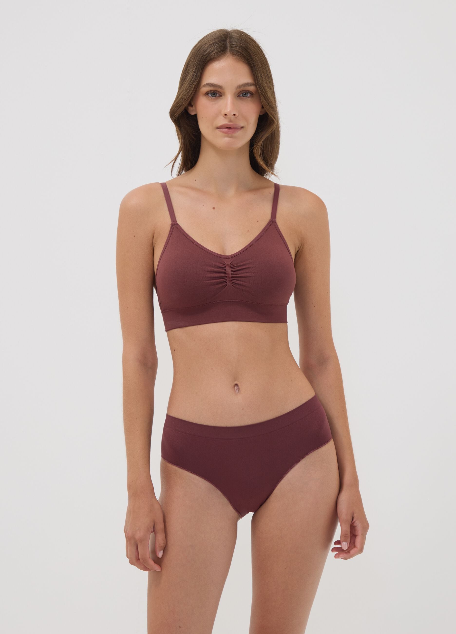 Brown stretch microfibre bralette bra with removable padding