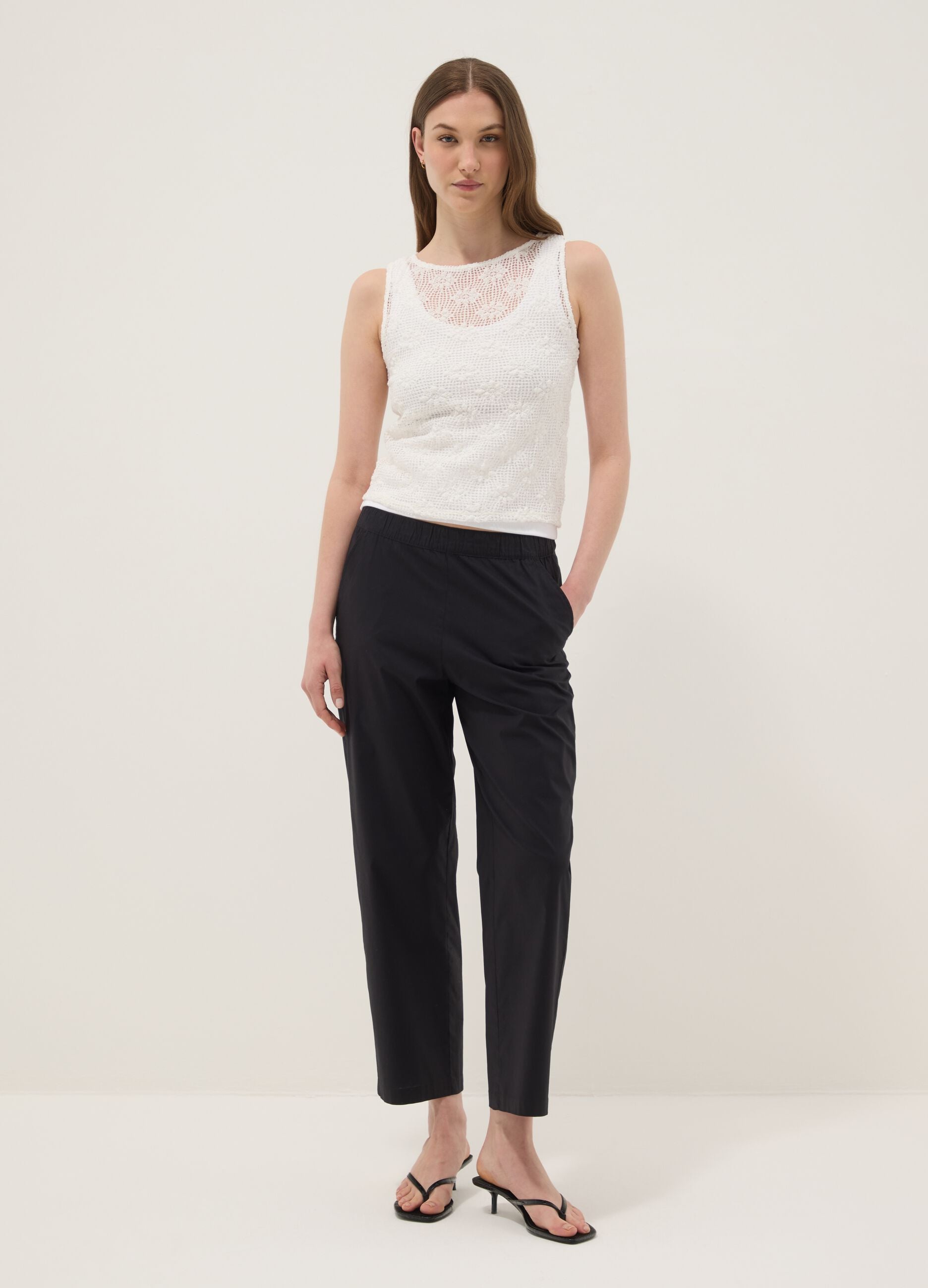 Blue stretch cotton trousers with elasticated waistband