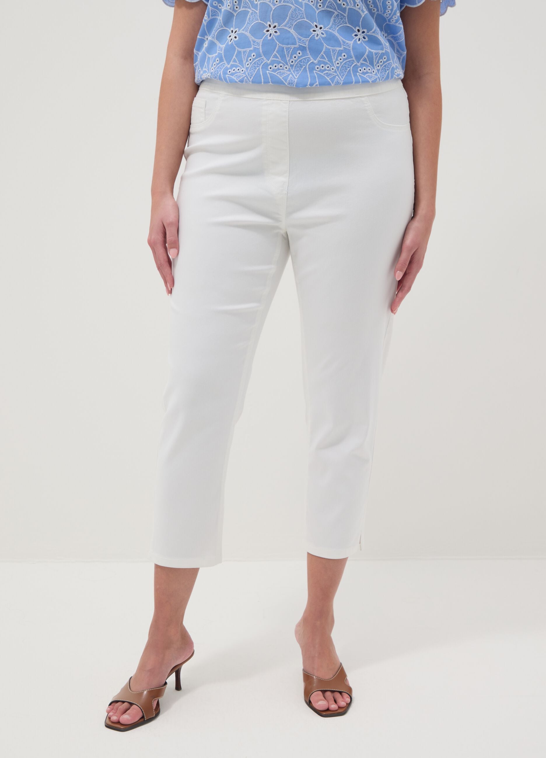 White slim fit stretch cotton blend trousers