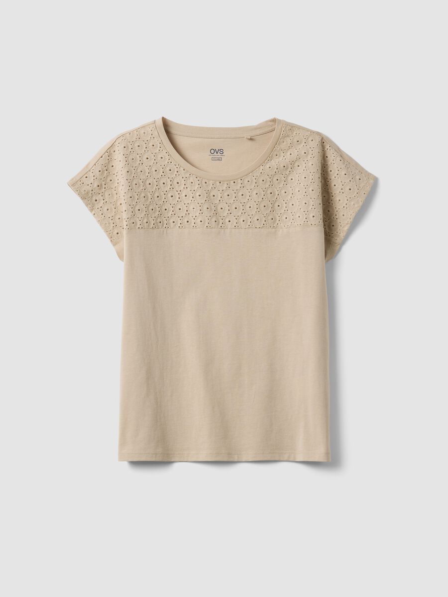 Beige pure cotton T-shirt with broderie anglaise_4
