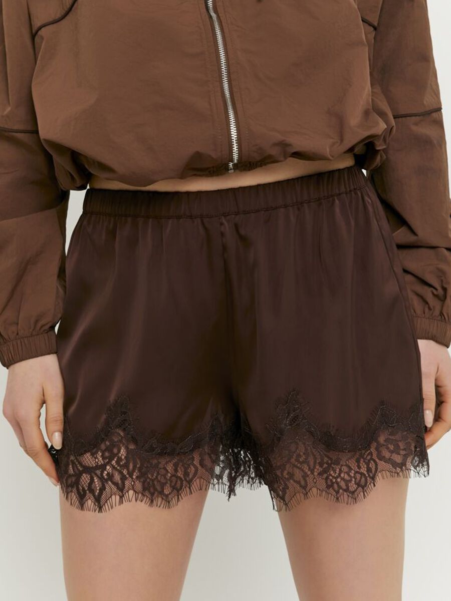 Brown stretch shorts with lace trim_2