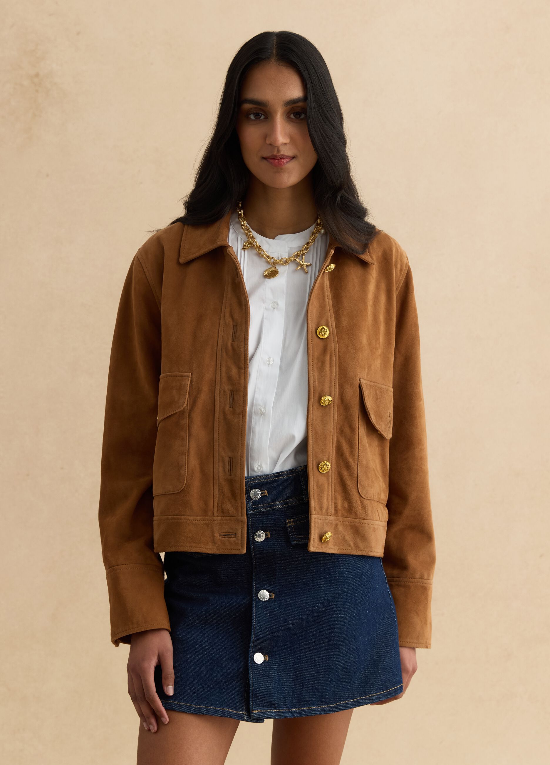 Regular fit brown genuine leather jacket with buttons