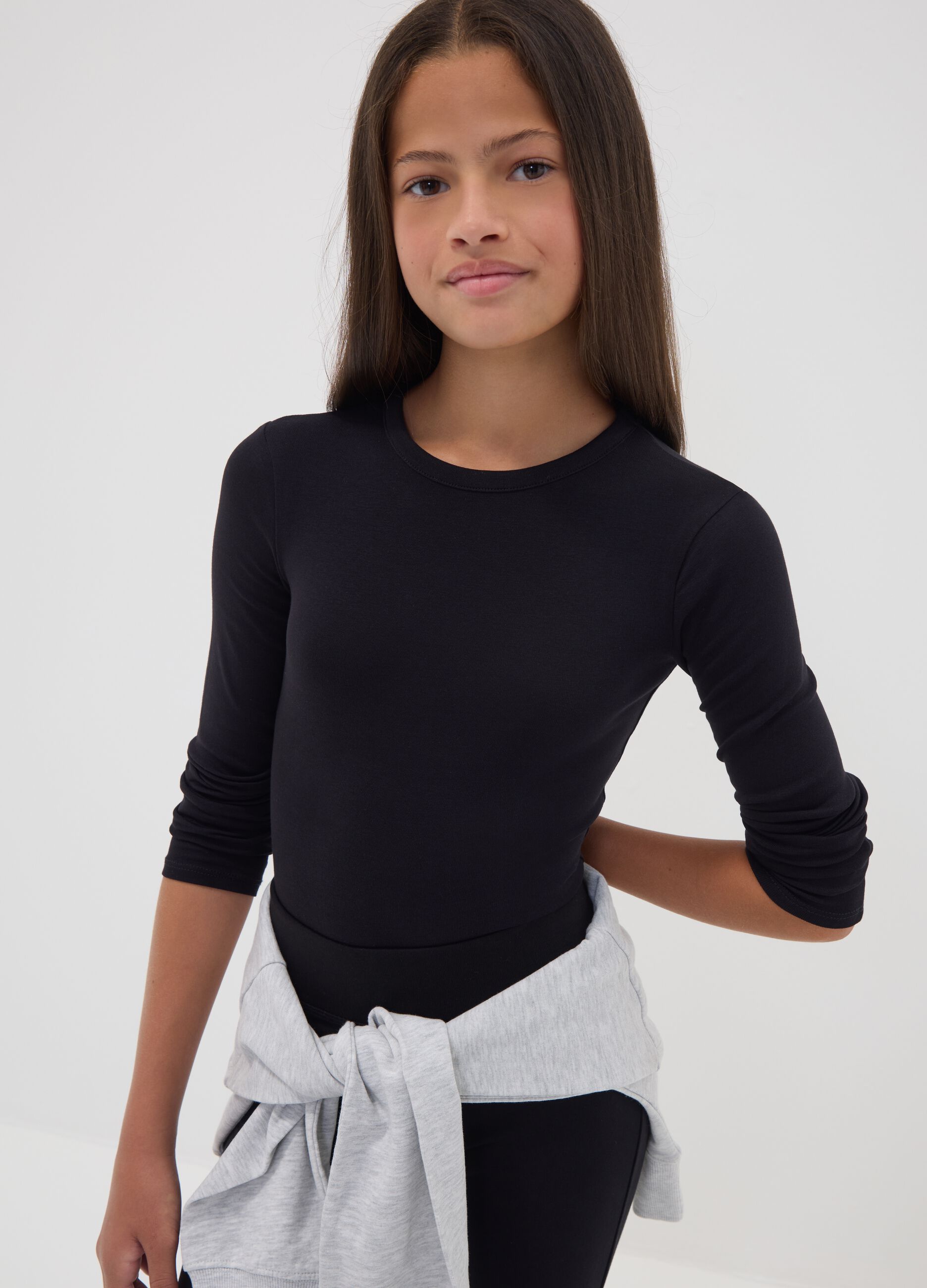 Black fitted stretch-cotton bodysuit with crew neck