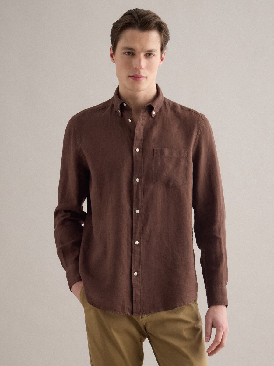 Brown pure linen long-sleeve shirt regular fit_0