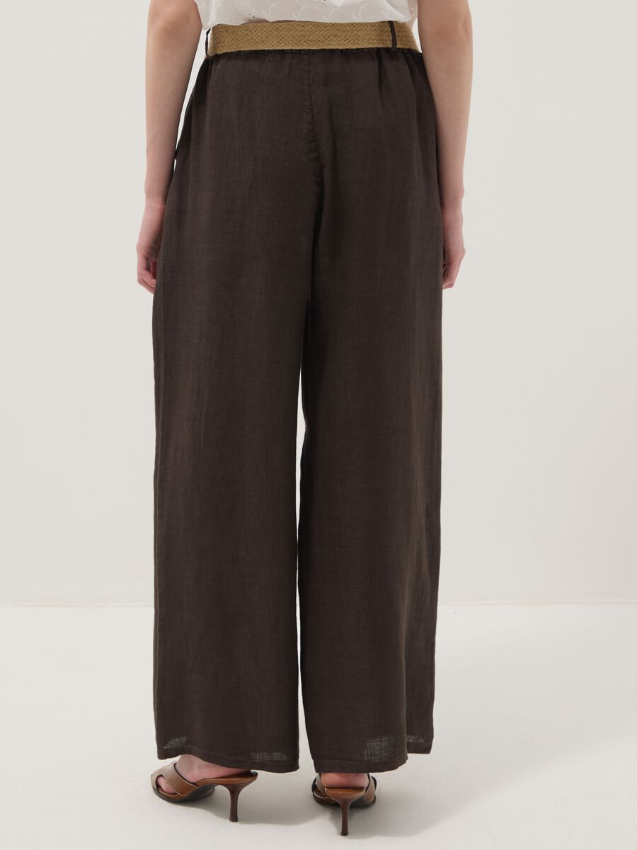 Brown pure linen wide-leg trousers with elasticated waist_2