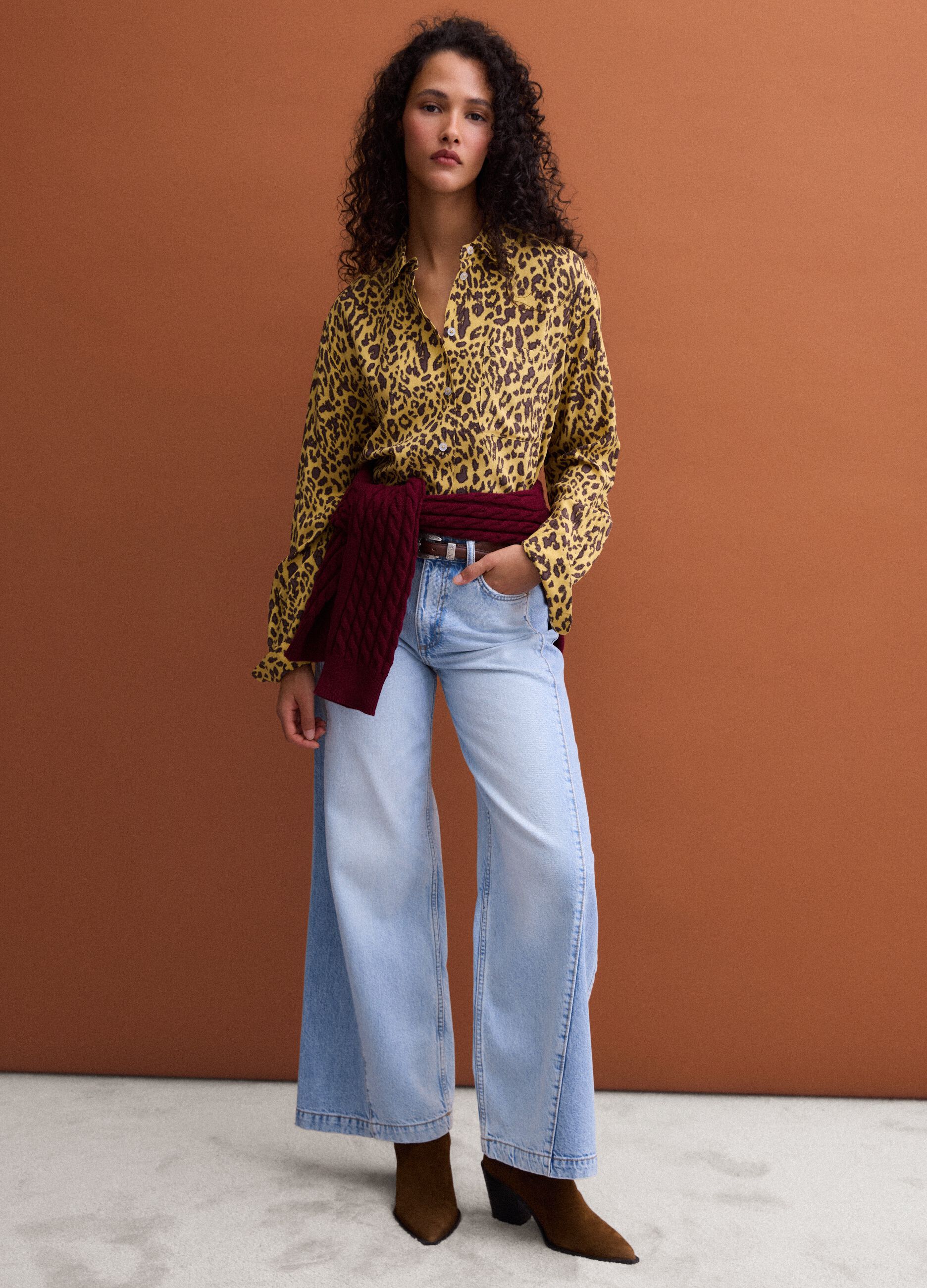 Yellow pure viscose animal-print shirt, regular fit