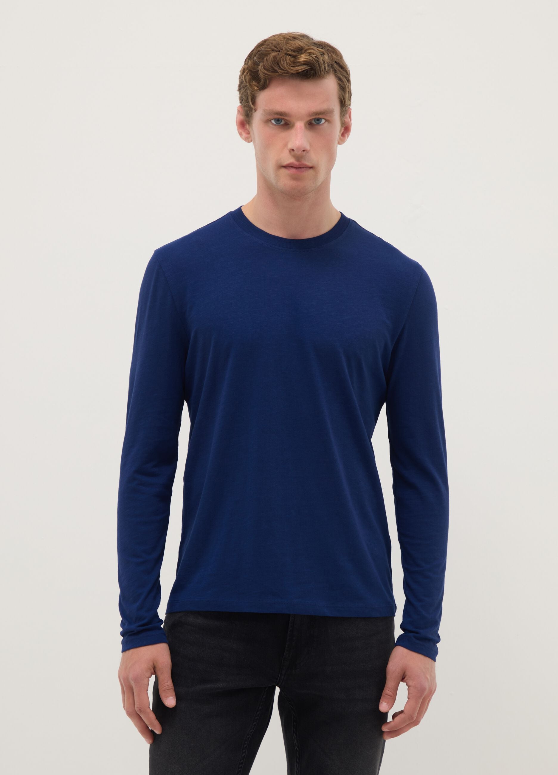 Blue long-sleeve T-shirt in pure cotton, regular fit