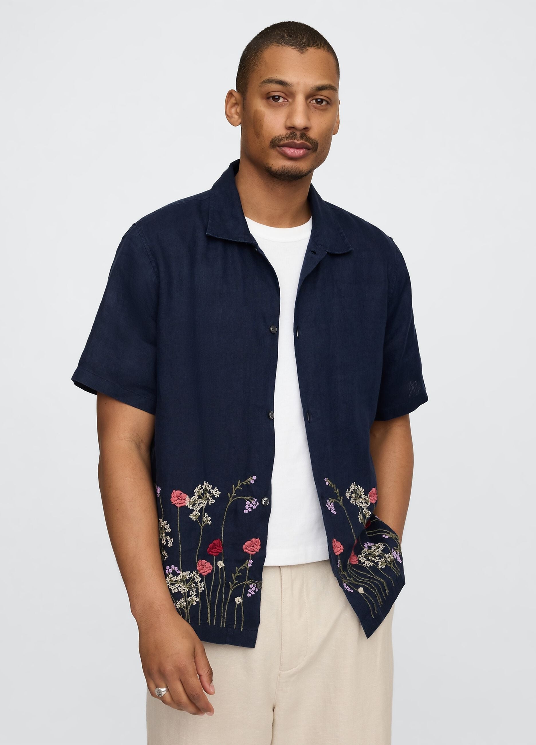 Blue Shirt with Floral Embroidery