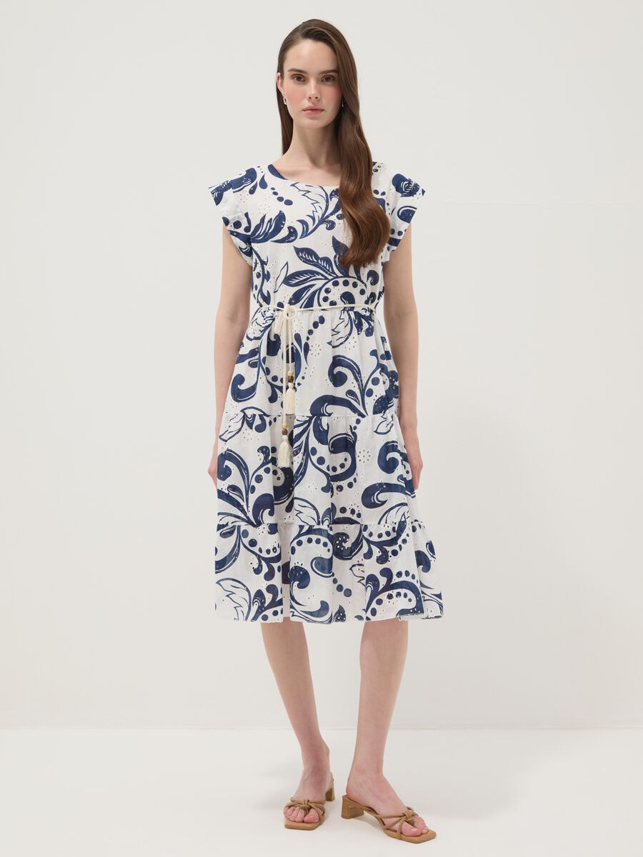 Blue and white pure cotton dress with all-over print and rope belt_1