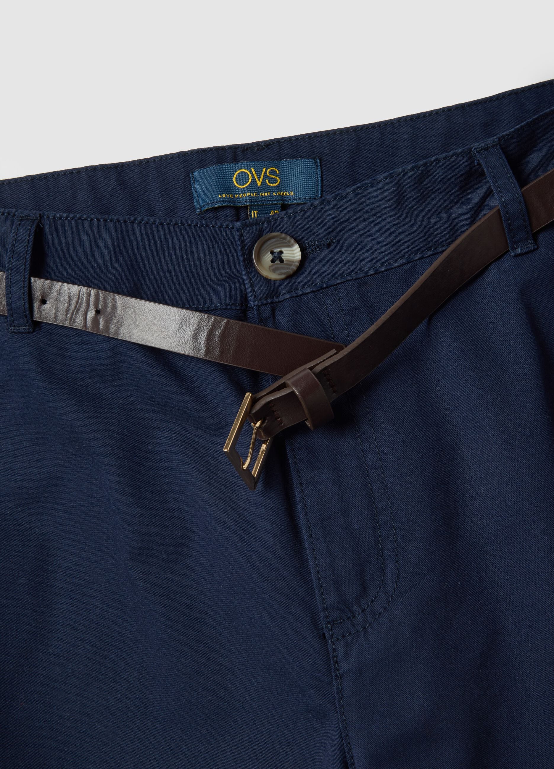 Regular fit blue pure cotton chino trousers with belt