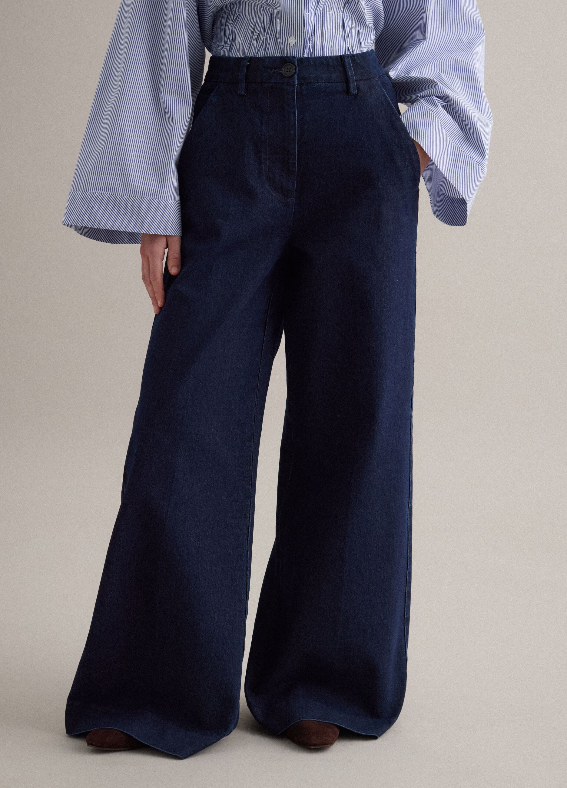 Blue Stretch Denim Wide Leg Trousers