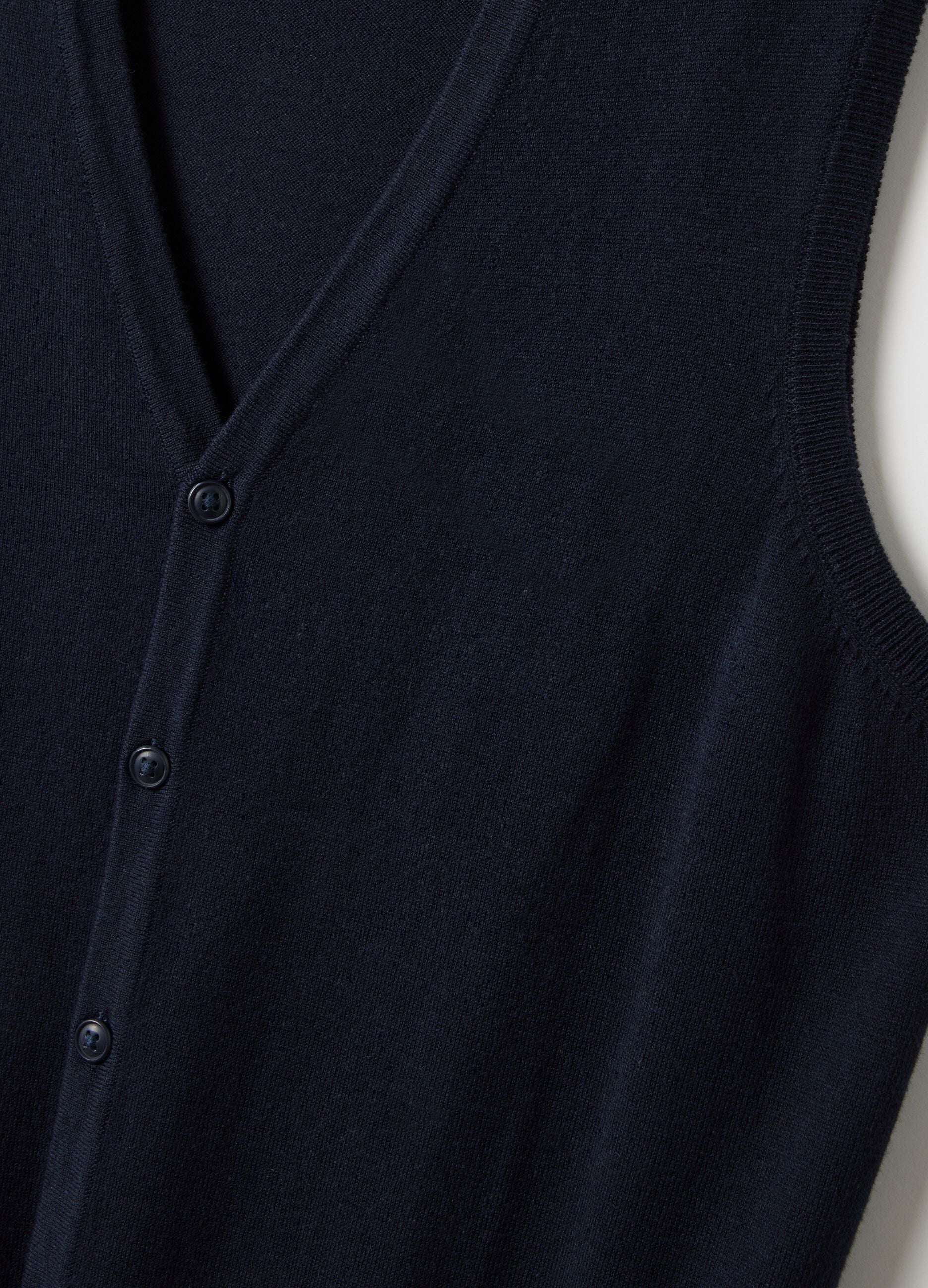 Regular fit deep V blue waistcoat in cotton blend with buttons
