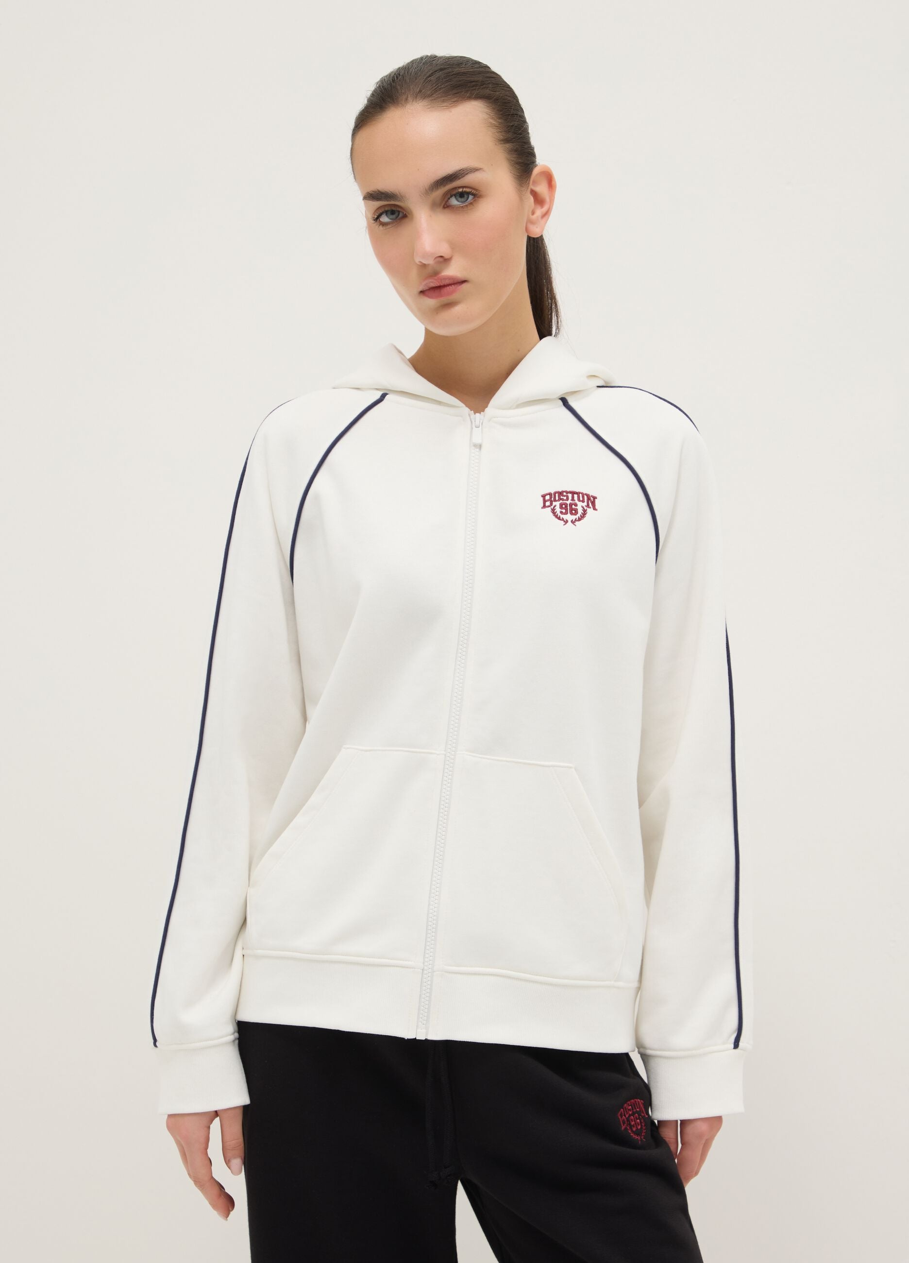 White Hooded Zip Cotton Blend Relaxed Fit Sweatshirt