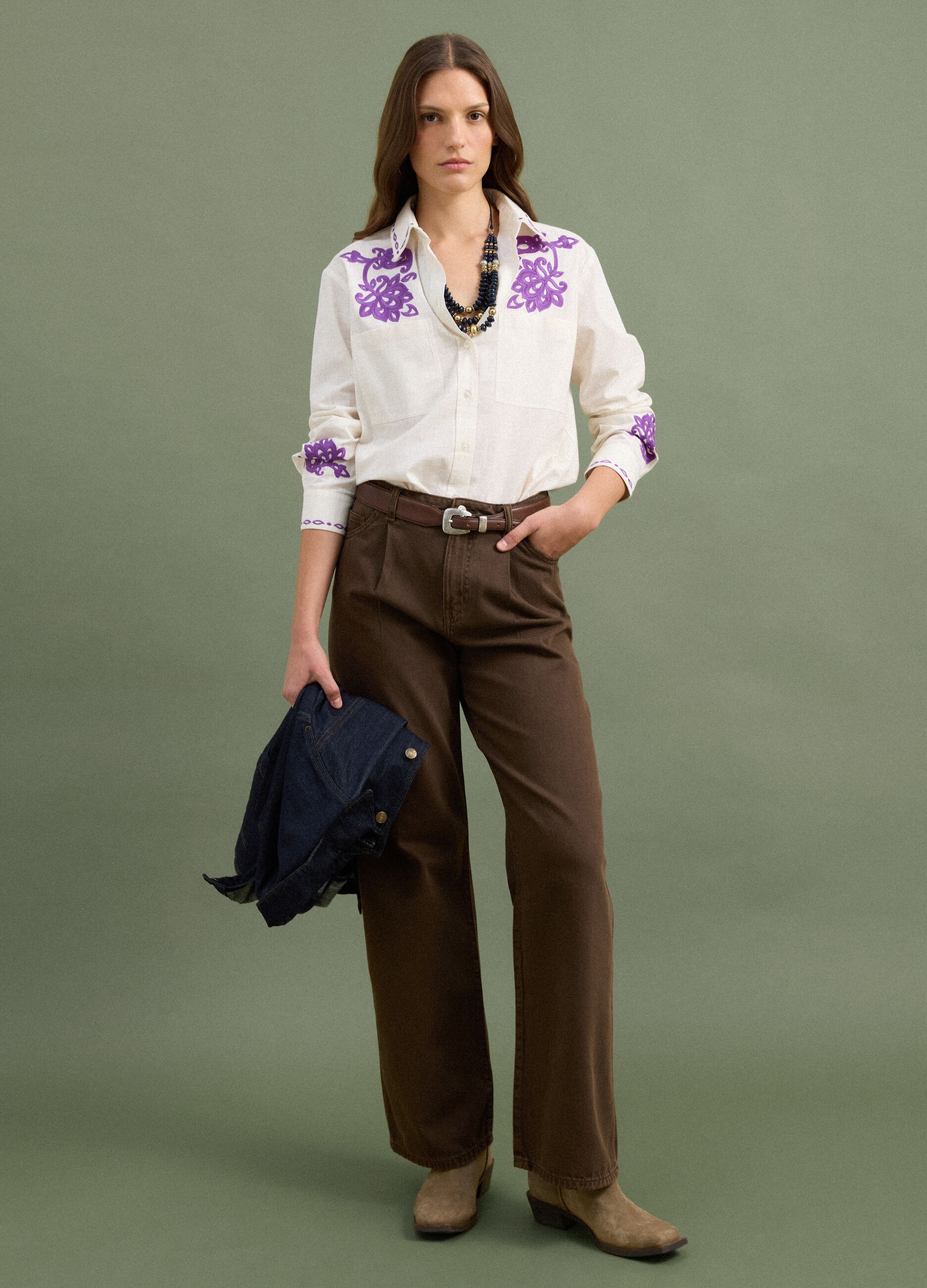 White pure cotton oversized shirt with purple embroidery