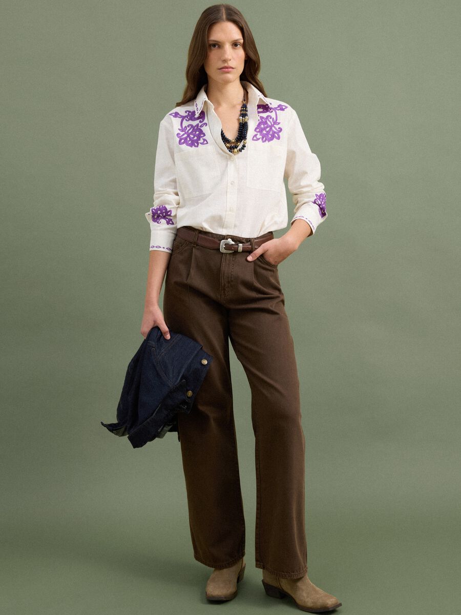 White pure cotton oversized shirt with purple embroidery_2