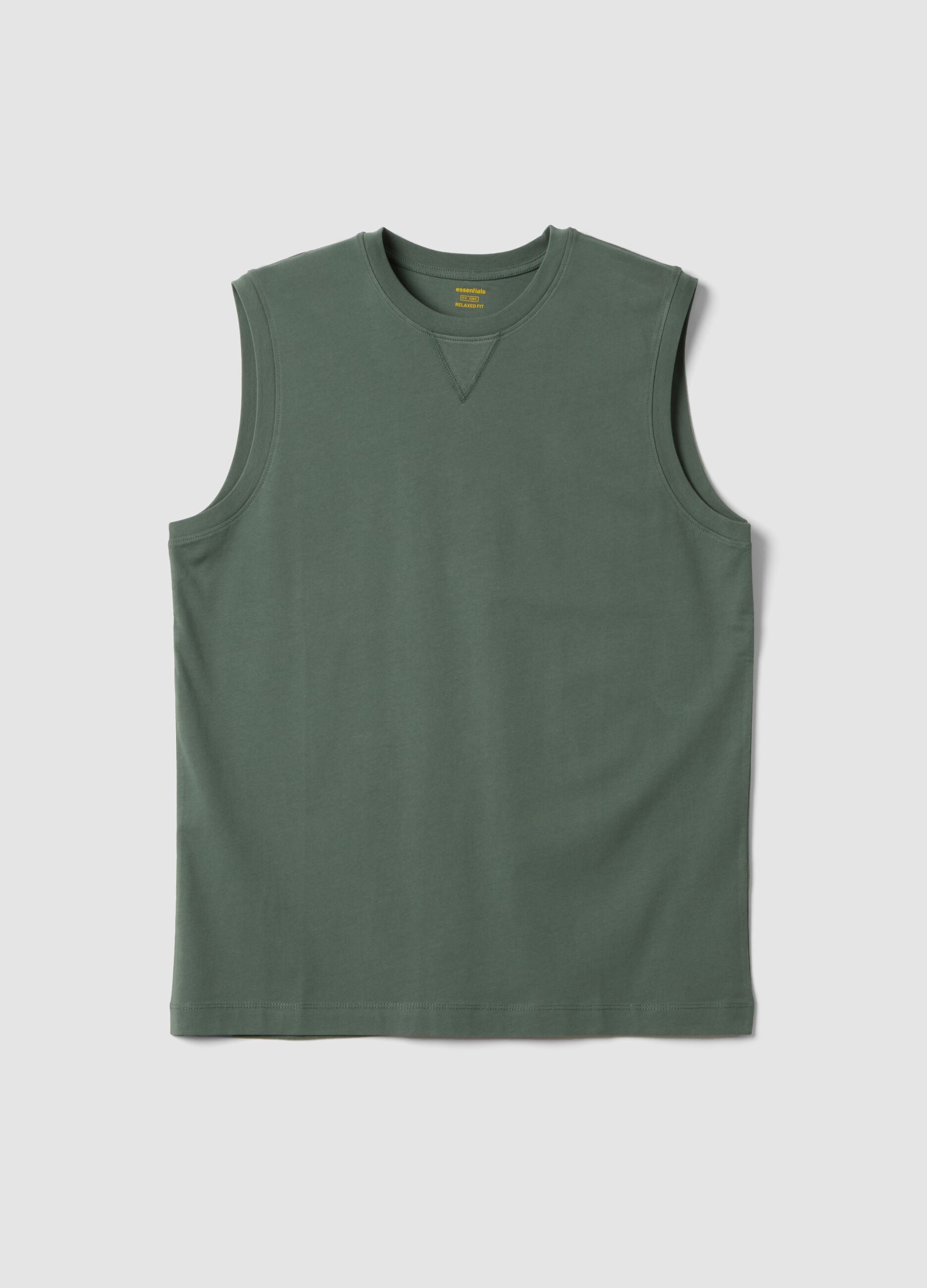 Green crew-neck pure cotton vest, relaxed fit