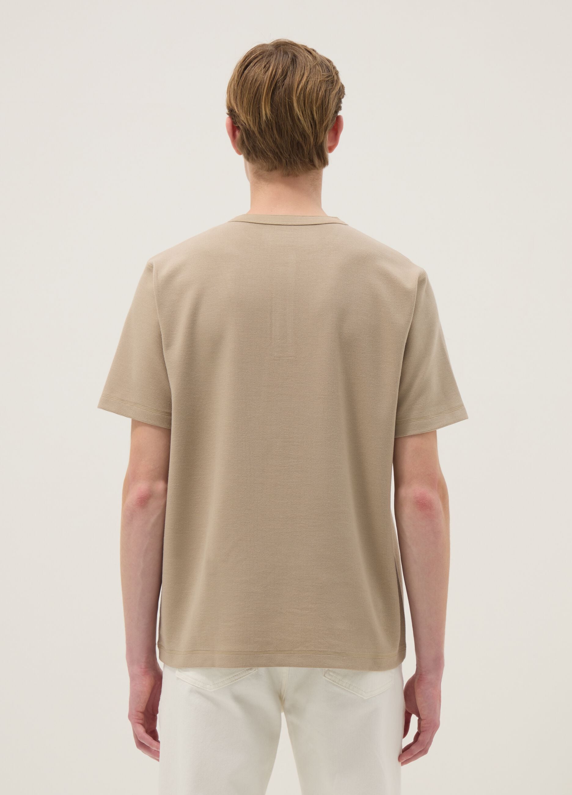 Beige regular-fit short-sleeve T-shirt with Henley neckline