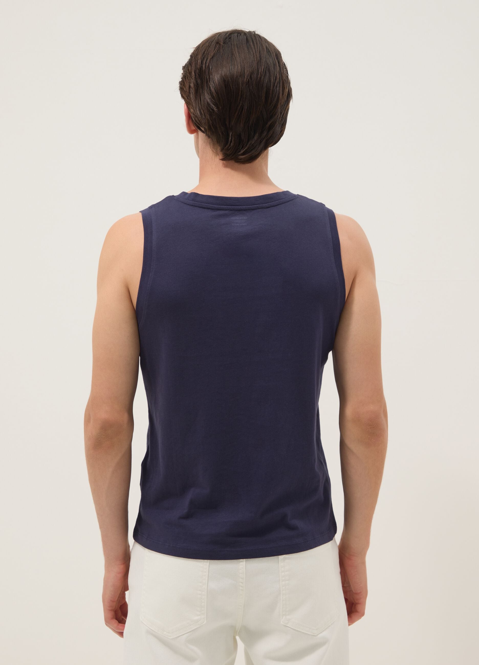 Blue crew-neck cotton vest top, regular fit