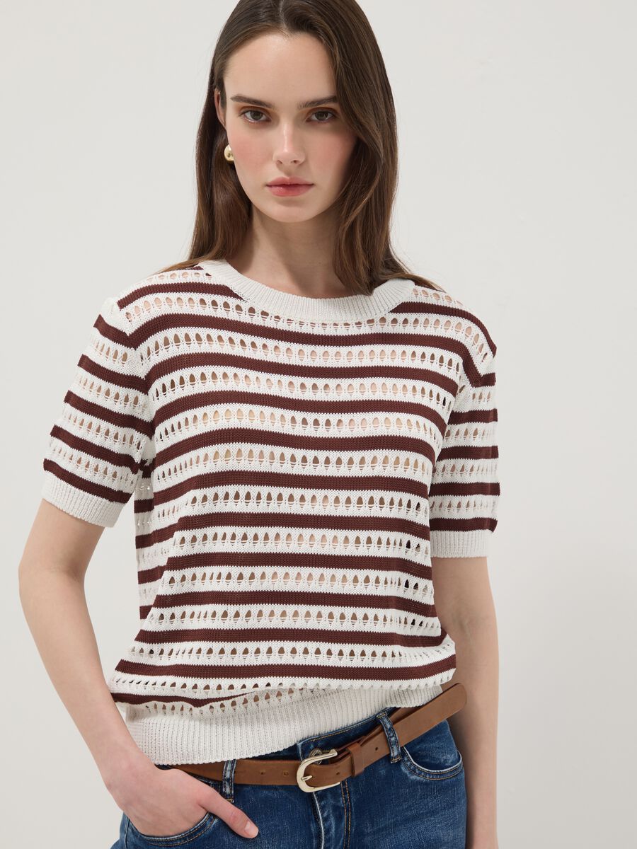 White and brown striped open-knit viscose-blend T-shirt, regular fit_0