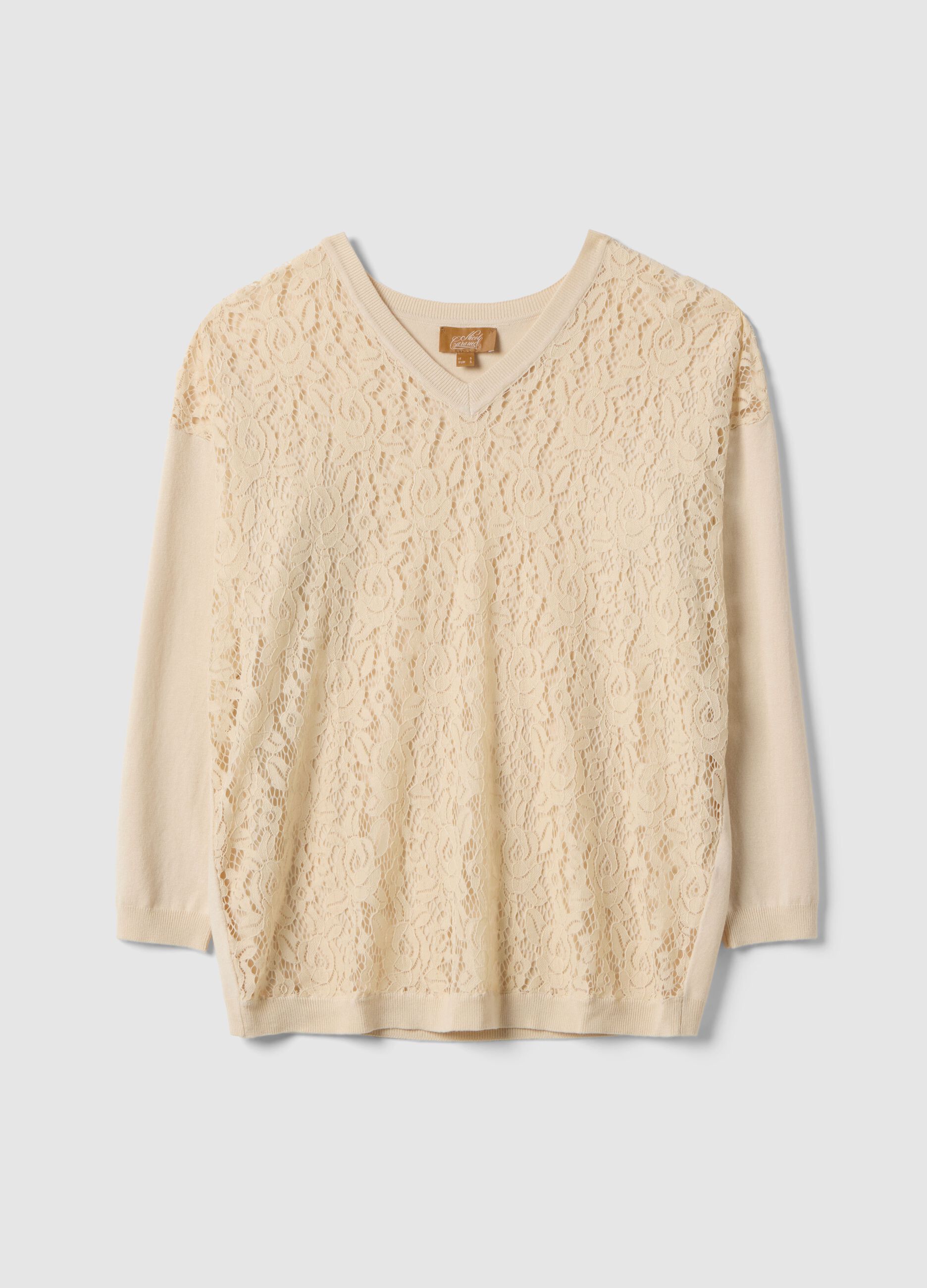 Beige maternity sweater in viscose blend with lace detailing