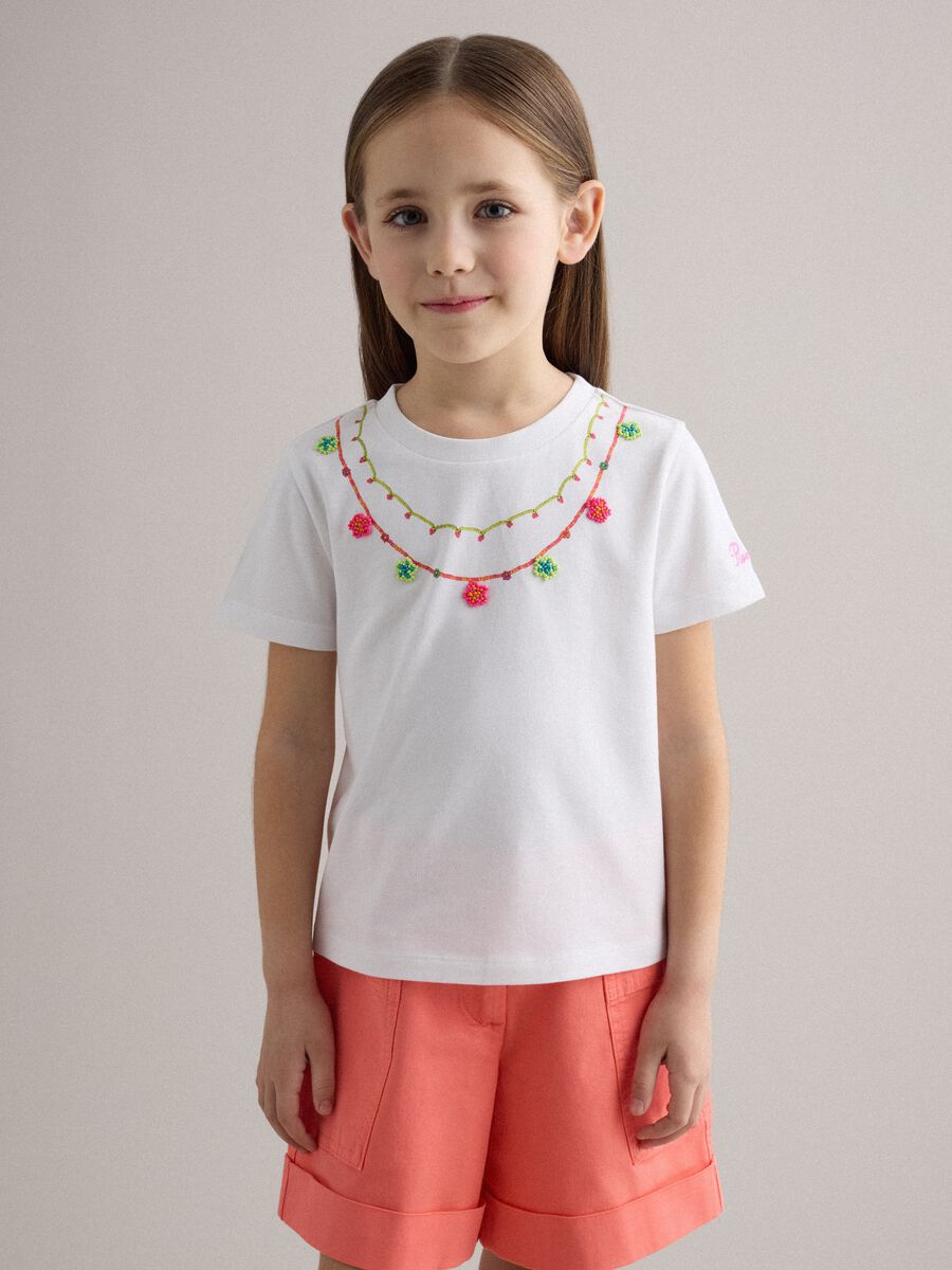 Girls' white stretch cotton t-shirt with beads_0