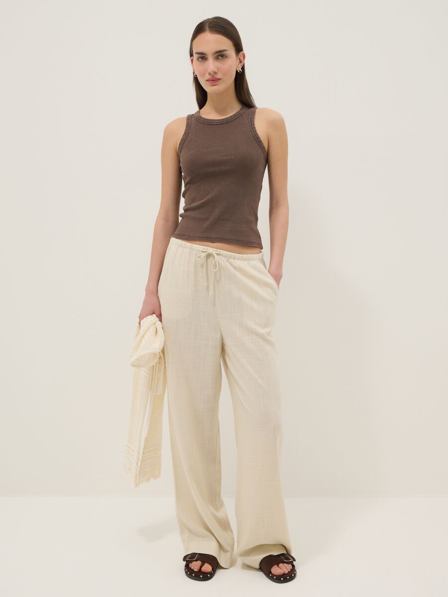 Brown ribbed stretch cotton fitted tank top_2