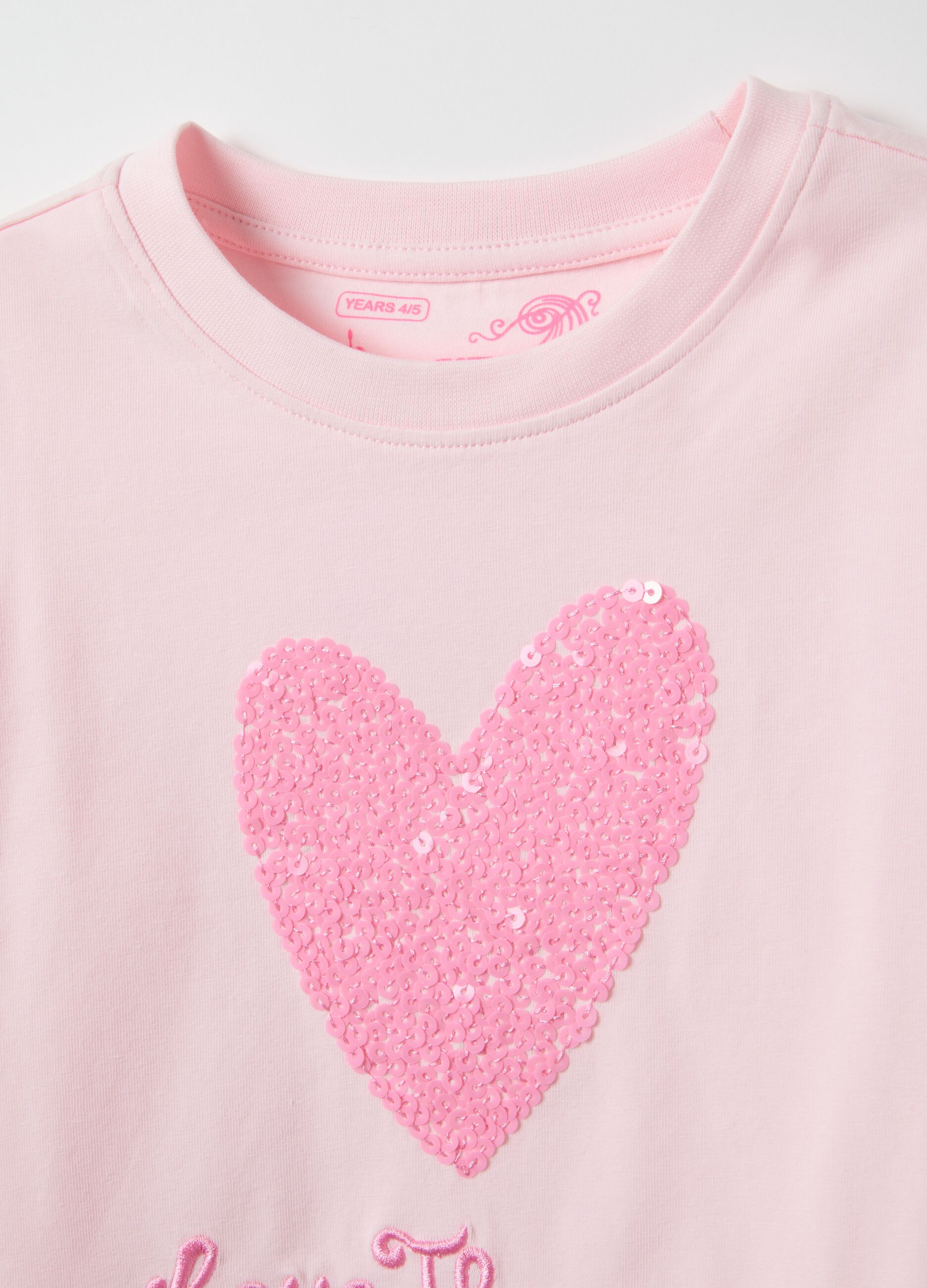 Pink stretch cotton t-shirt regular fit with heart for girls