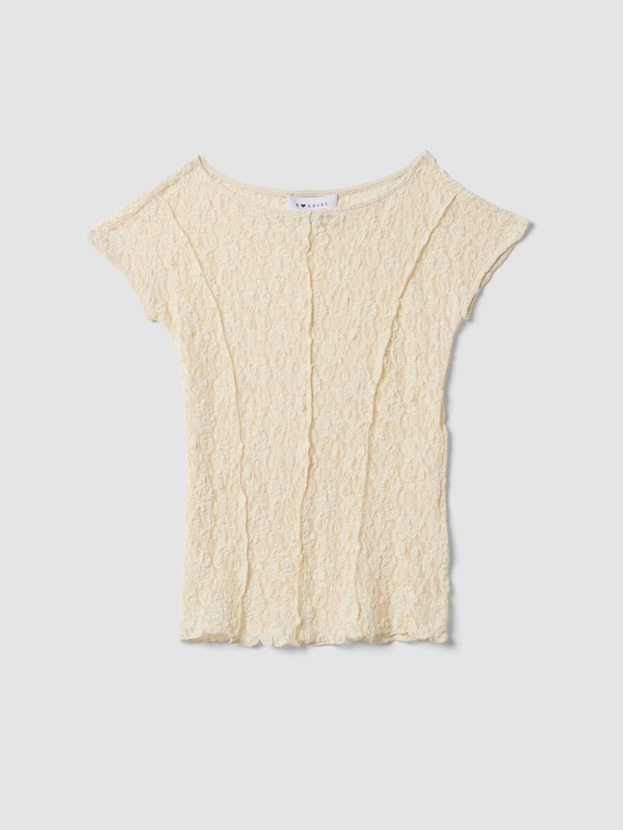 White stretch T-shirt with embossed floral texture_0
