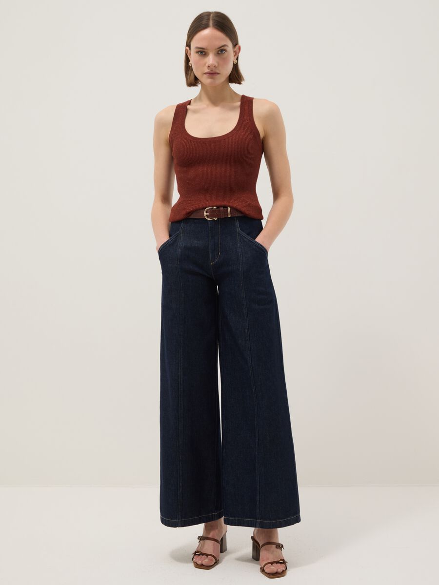 Brown viscose blend fitted tank top_1