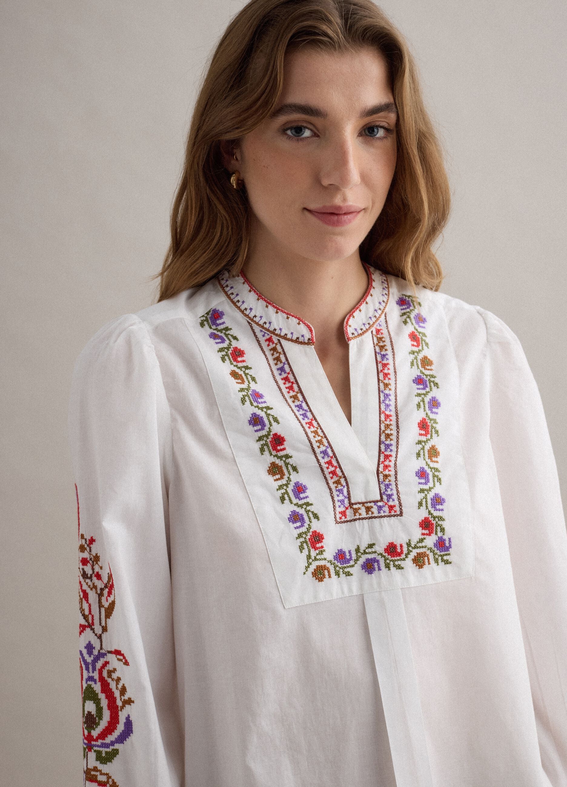 White pure cotton shirt with colourful embroidery
