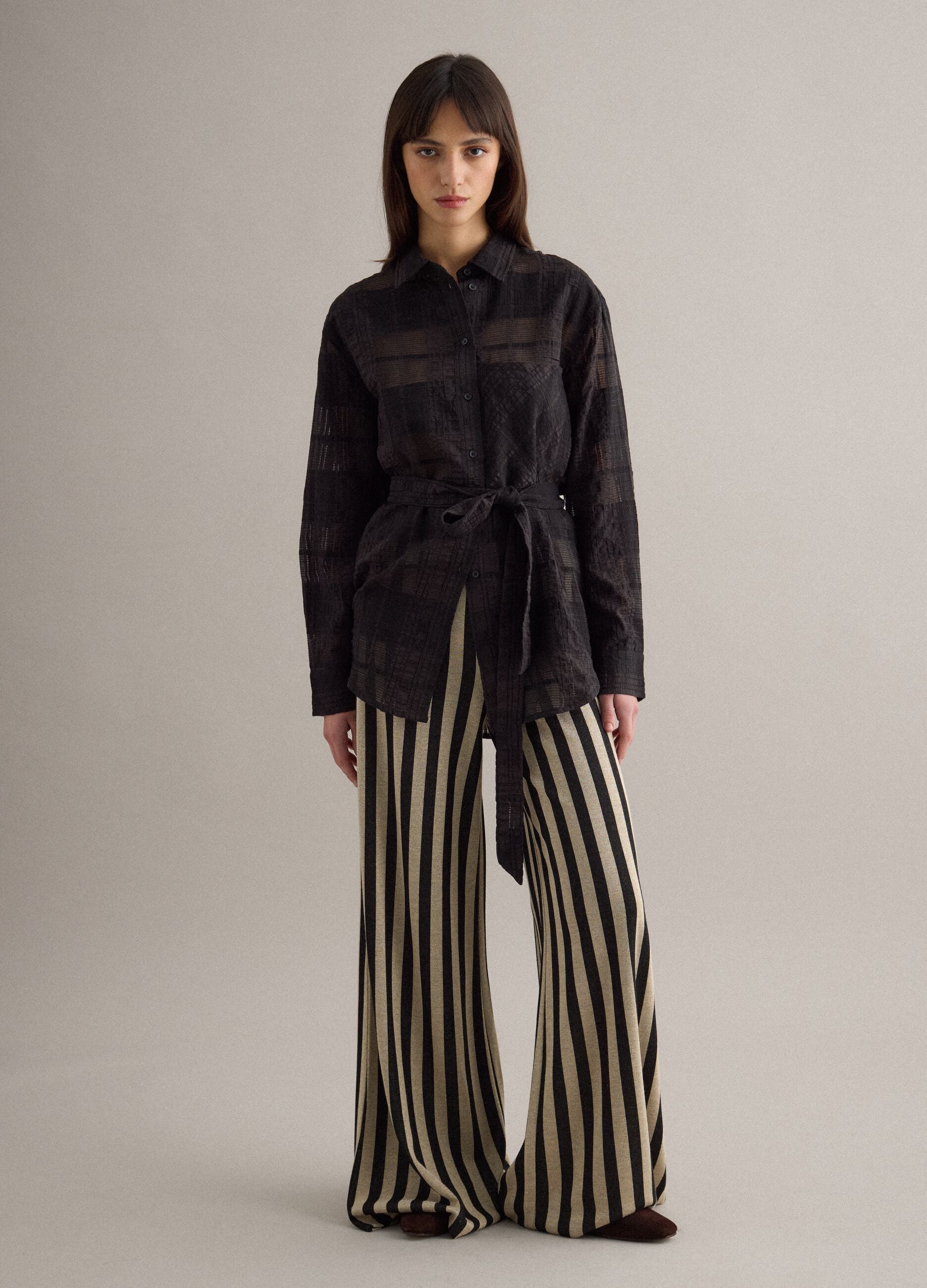 Black viscose blend oversized fit check semi-transparent shirt