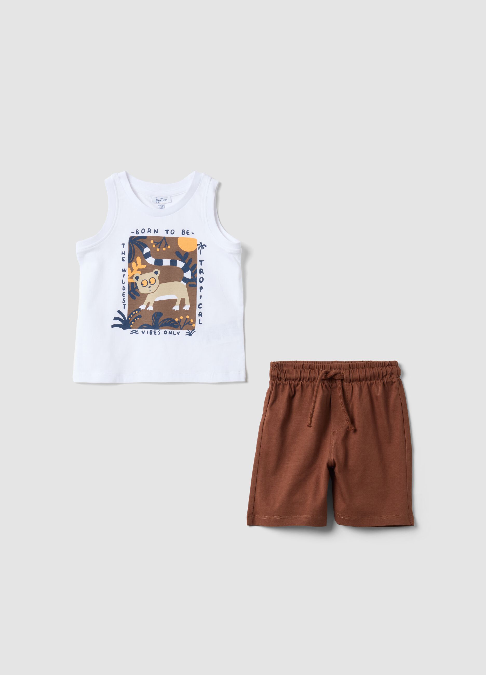 White and brown pure cotton set with top and shorts