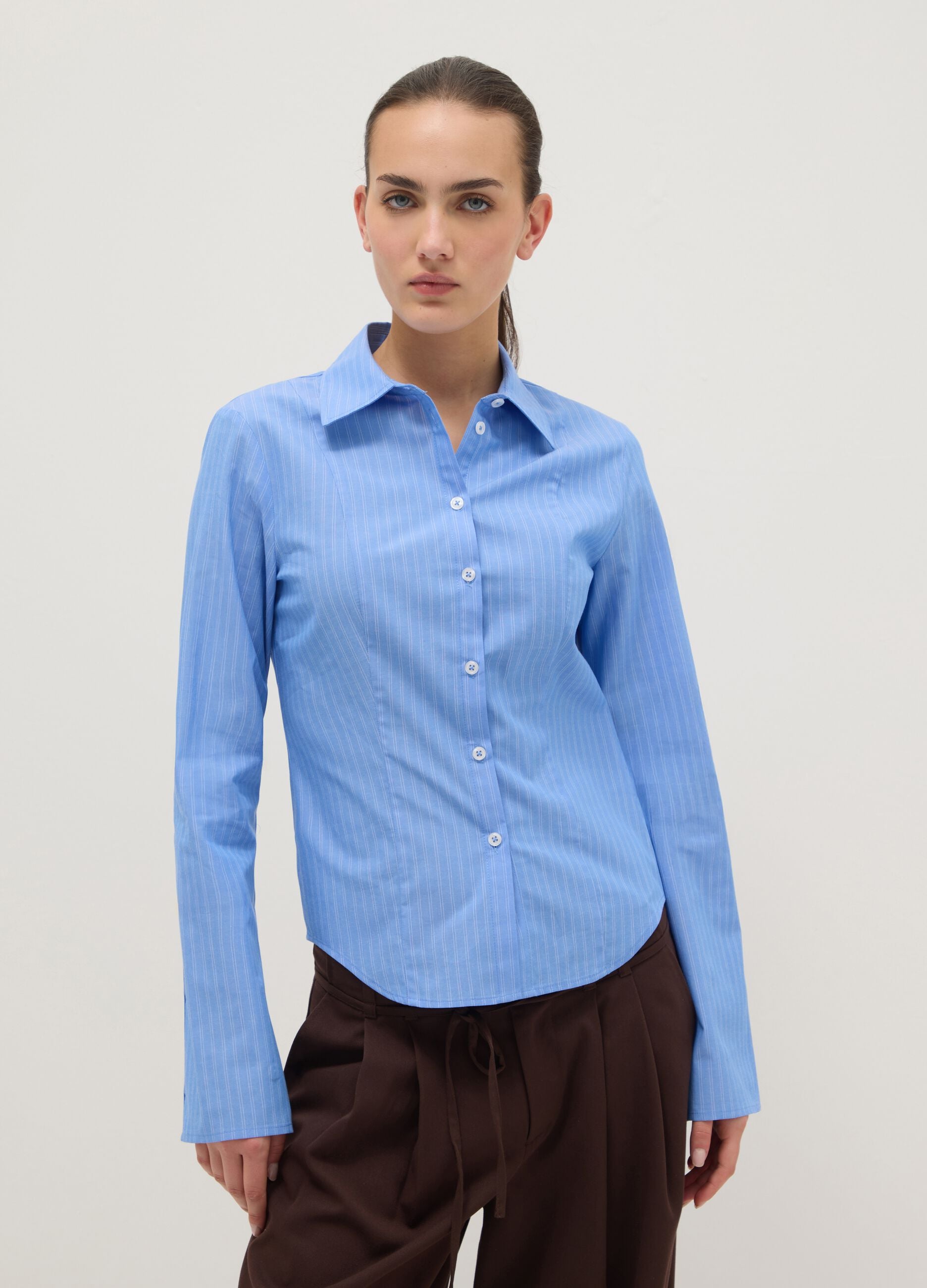 Blue striped pure cotton slim fit shirt