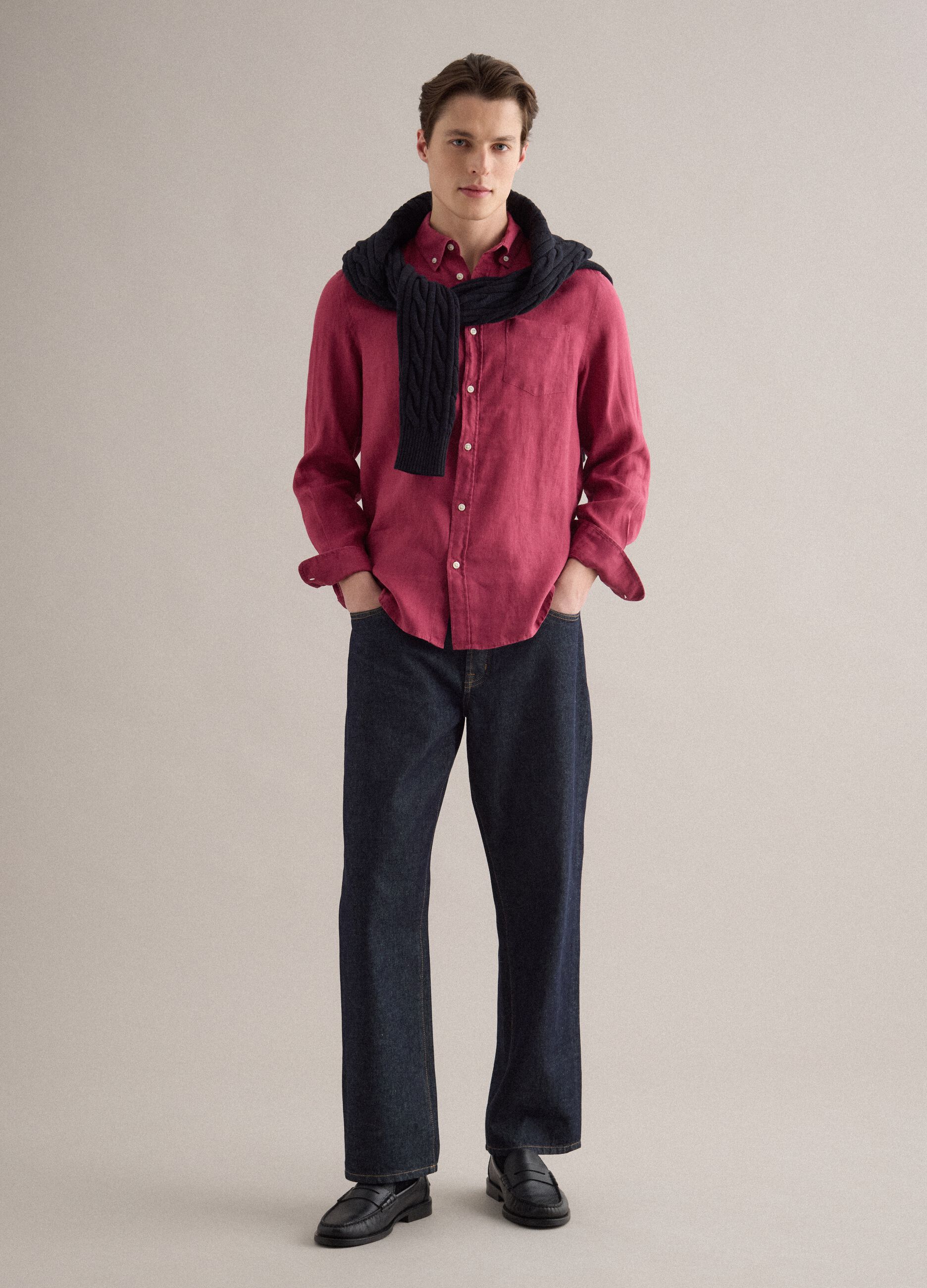 Red pure linen long-sleeve shirt regular fit