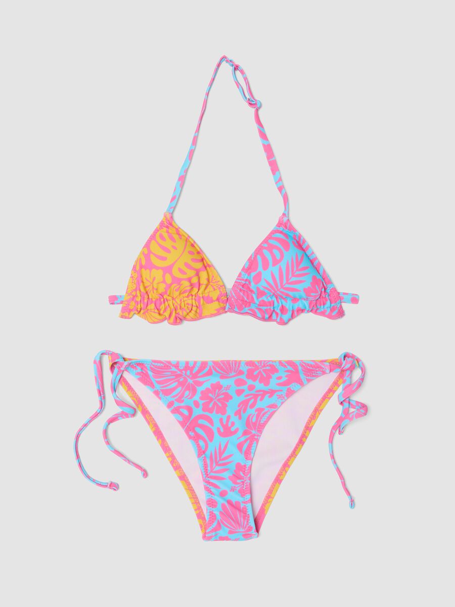 Bikini rosa in tessuto elasticizzato con stampa tropicale_0