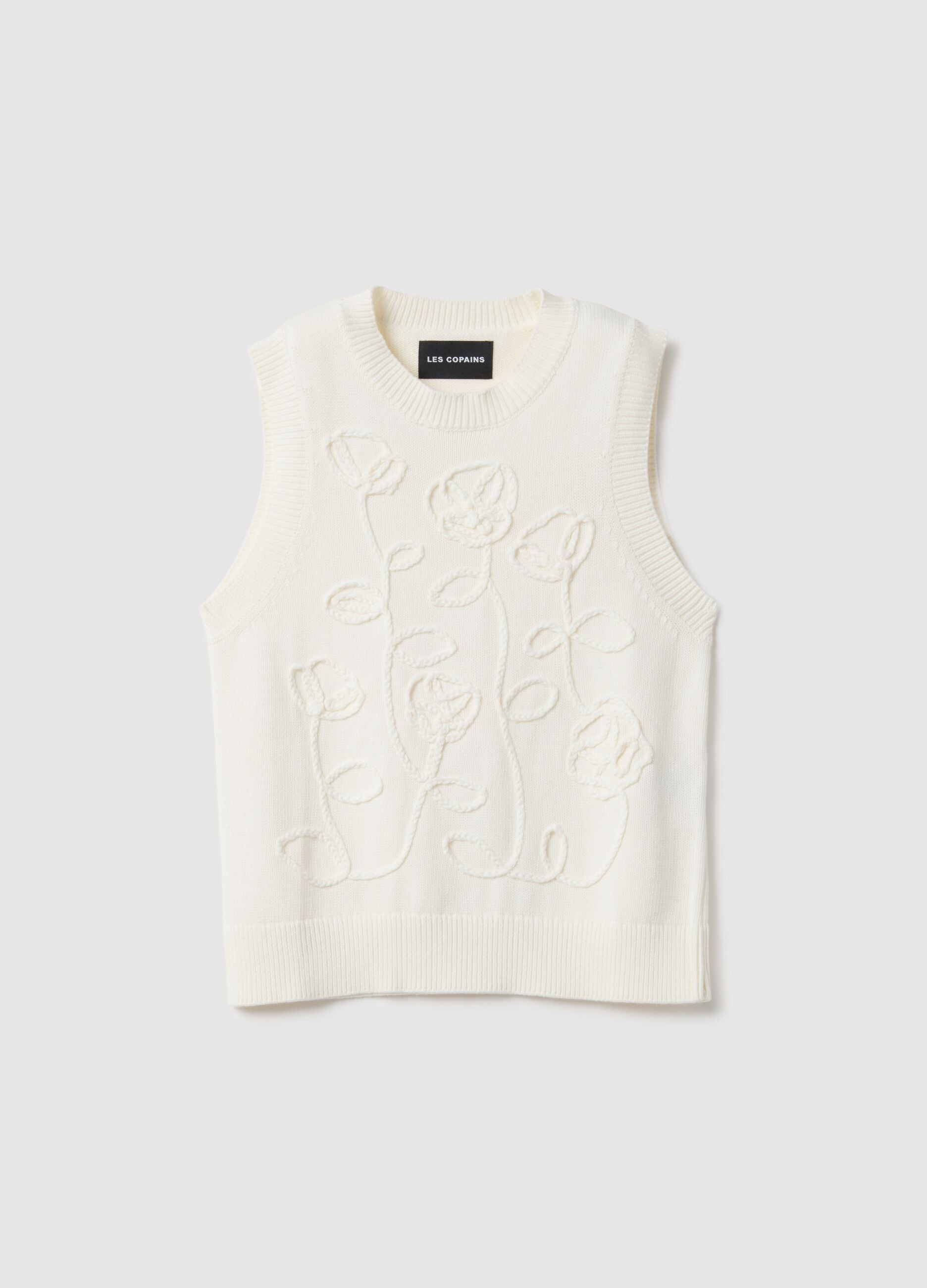 Regular fit pure white cotton gilet with floral design