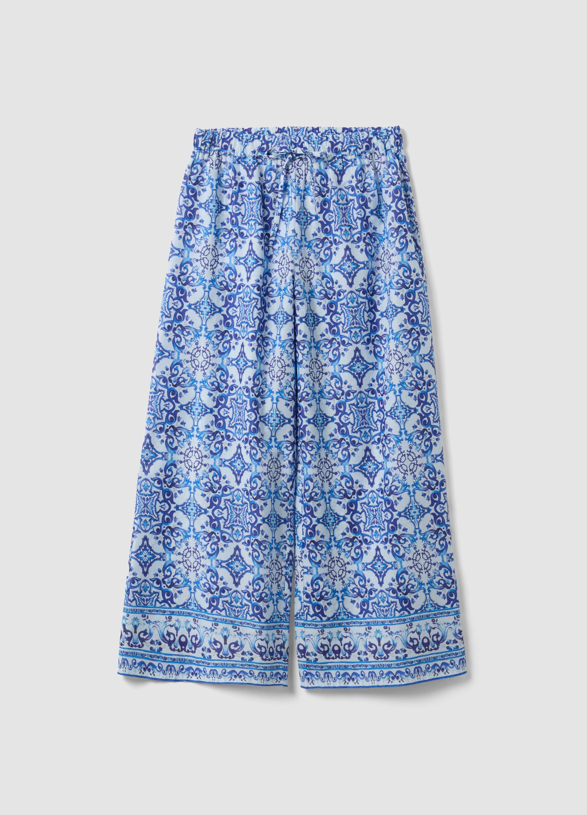 Blue pure cotton trousers with all-over print
