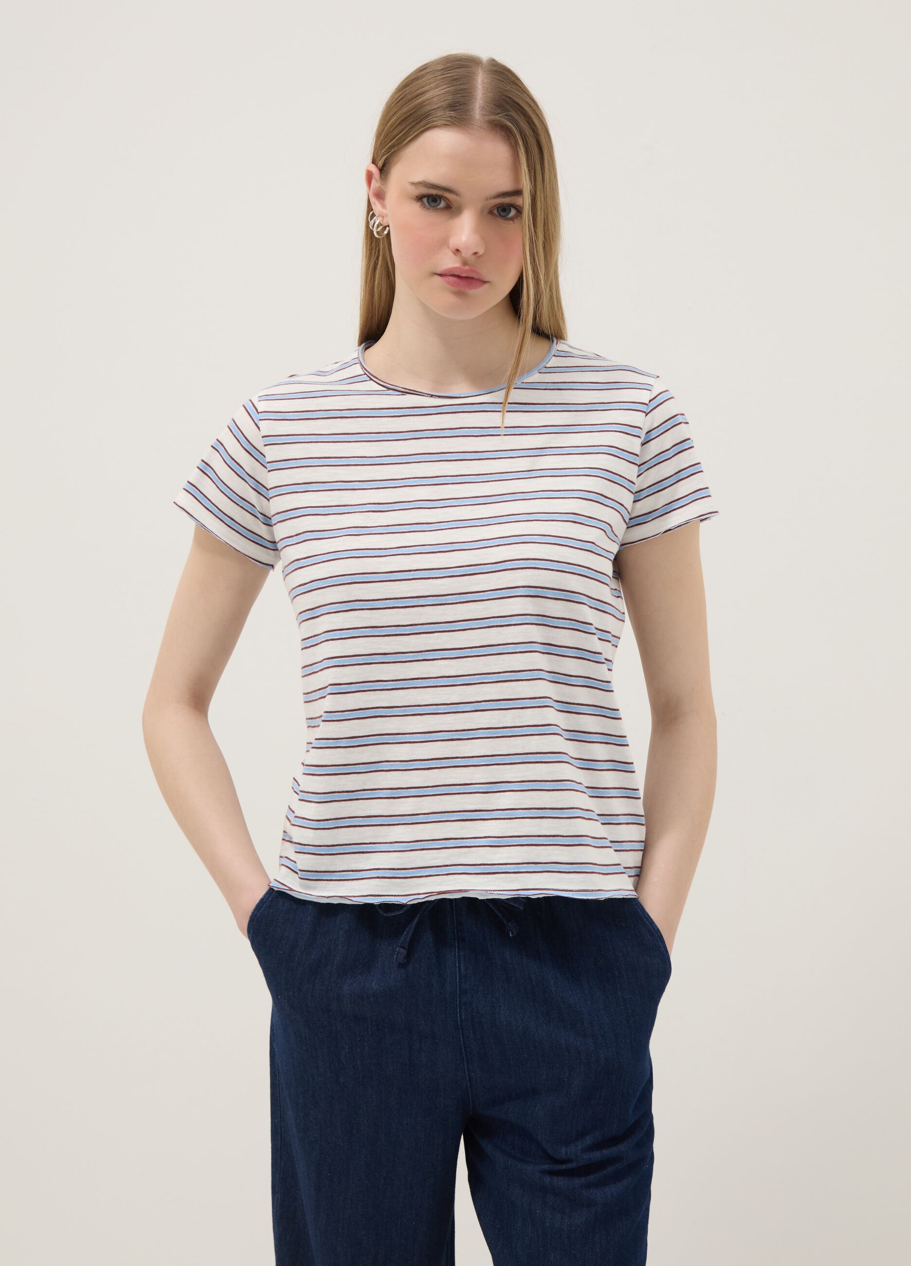Regular-fit multicolour striped pure cotton short-sleeve T-shirt