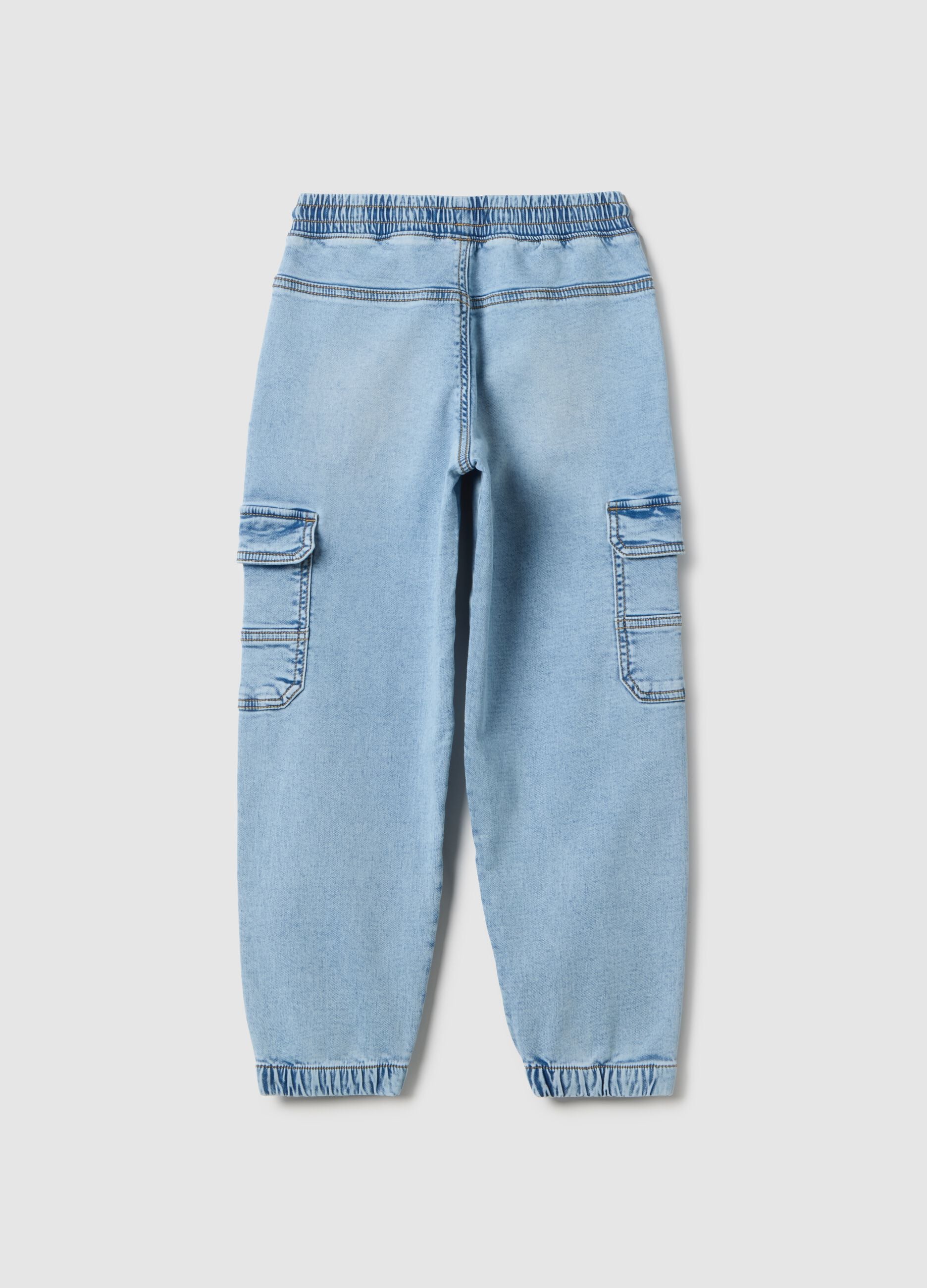 Children's regular fit blue cargo jeans in cotton blend with elastic