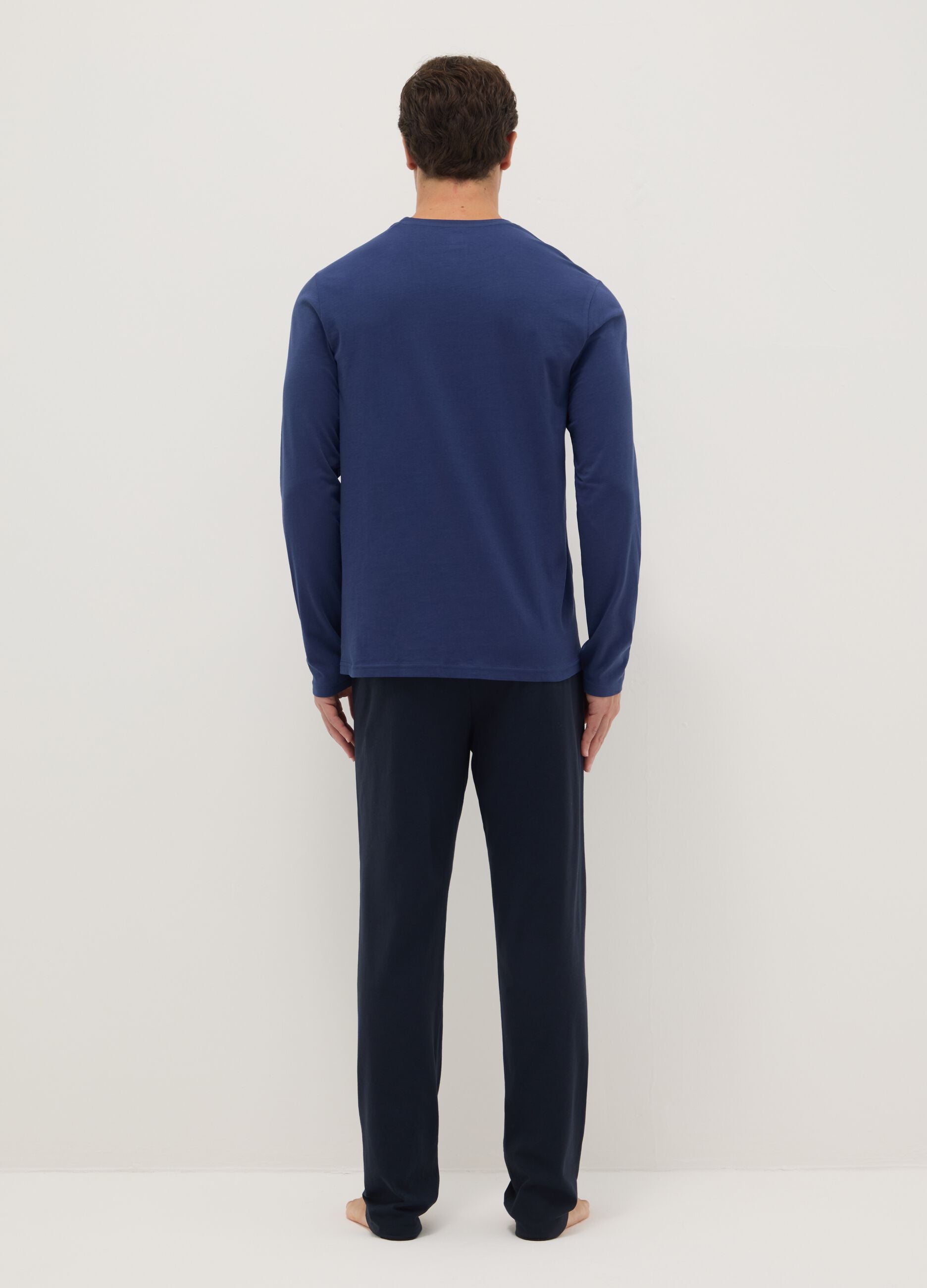 Blue crew neck long sleeve pyjama in pure cotton regular fit
