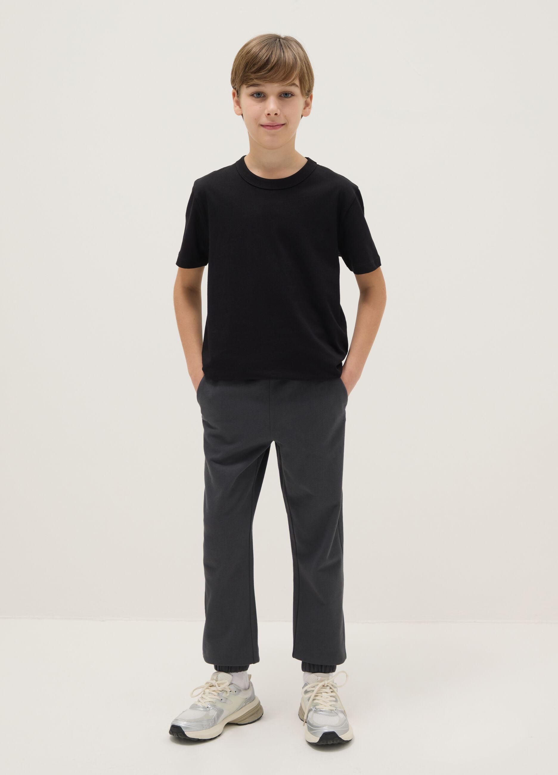 Regular fit black cotton jogger trousers for boys
