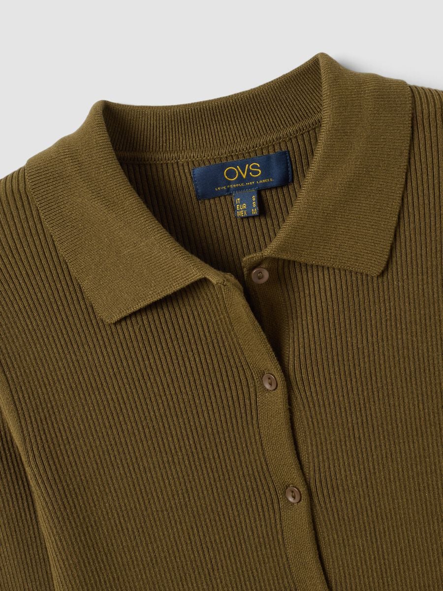 Cardigan fitted verde a coste in misto viscosa con colletto polo_6