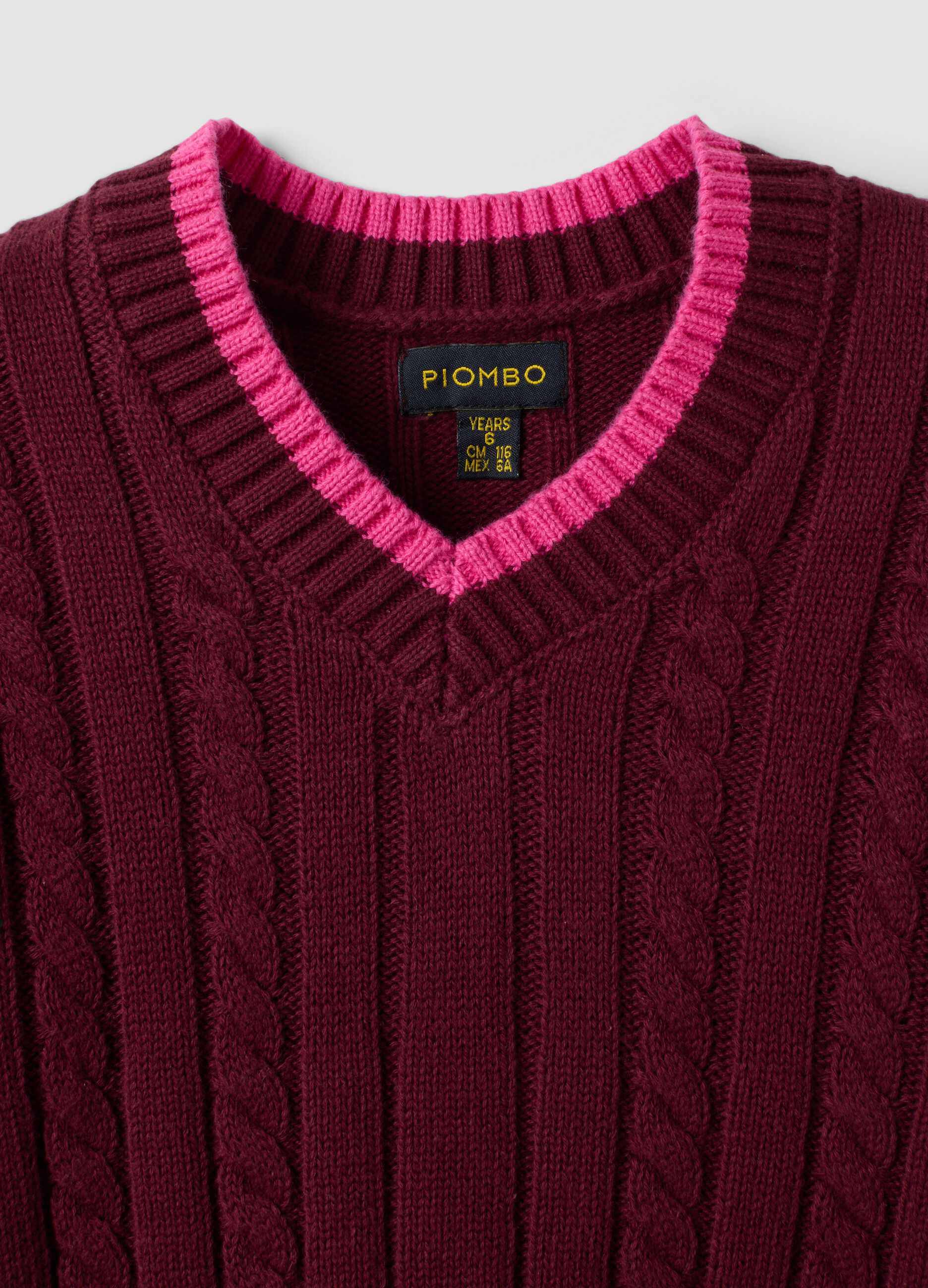 Red pure cotton cable-knit V-neck jumper for girls