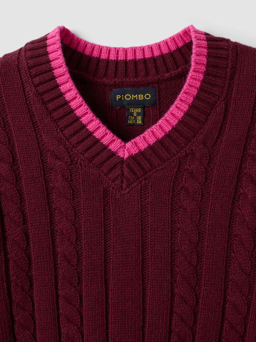 Red pure cotton cable-knit V-neck jumper for girls_2