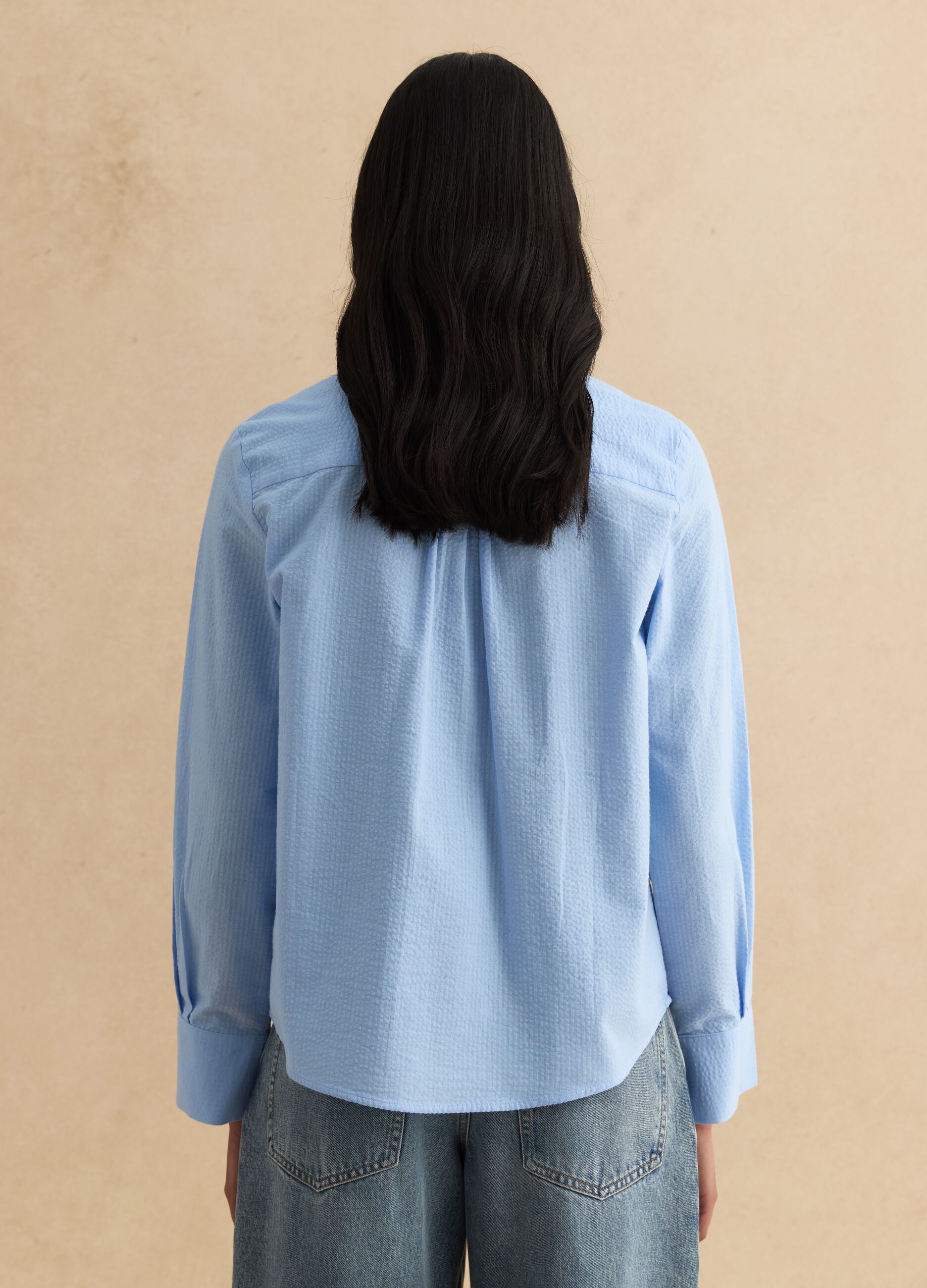 Pure cotton light blue regular fit shirt with bow collar