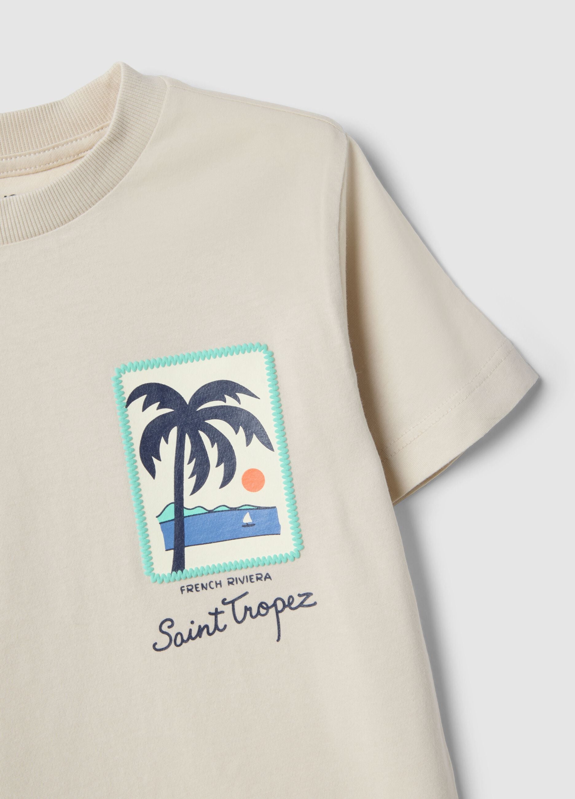Children's beige pure cotton T-shirt, regular fit with palm print