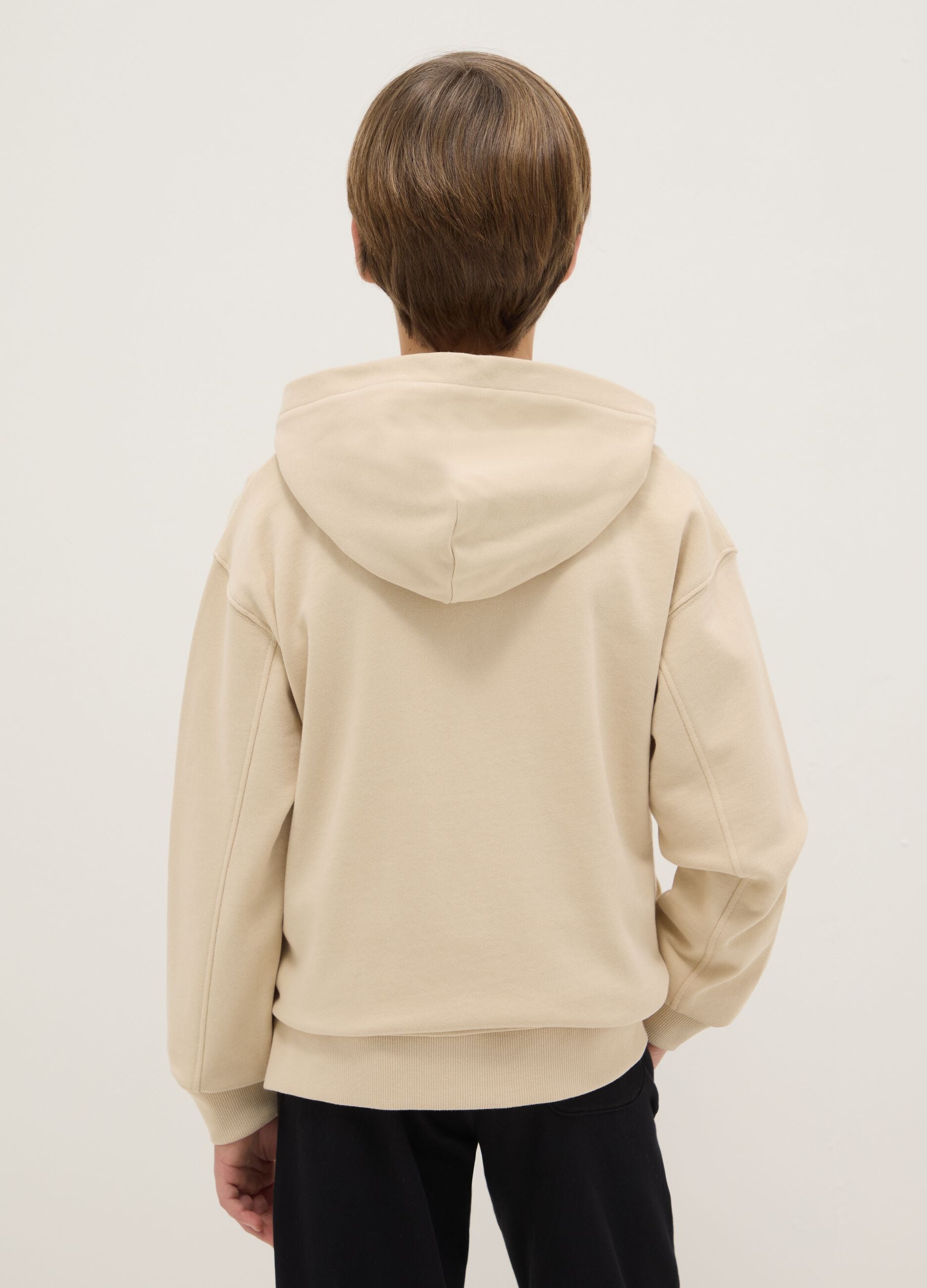 Beige hoodie for boys in pure cotton, oversized fit with hood and zip