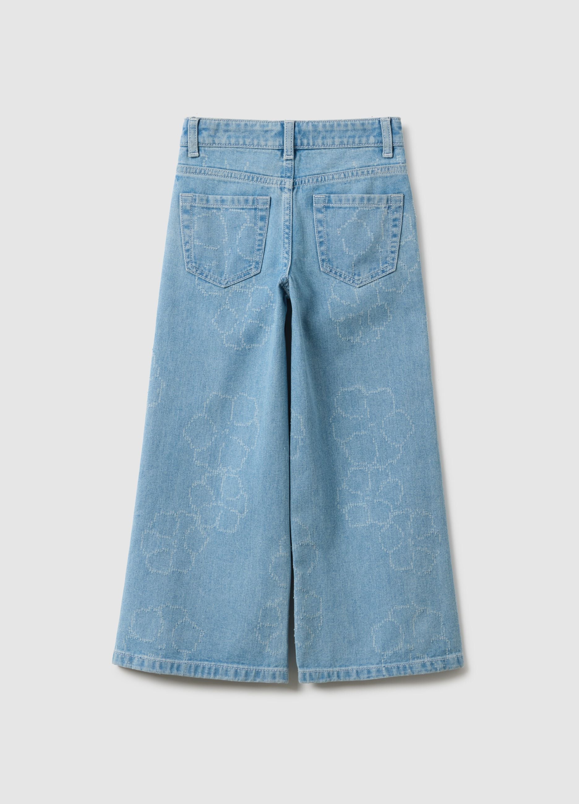 Girls' wide-leg light blue pure cotton jeans with floral print