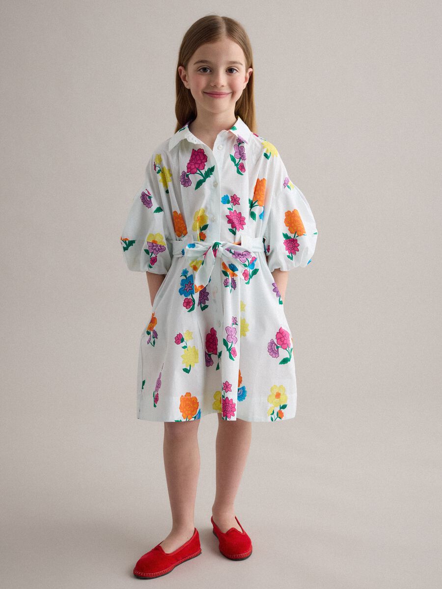Girls&rsquo; white pure cotton dress with floral print, regular fit_1